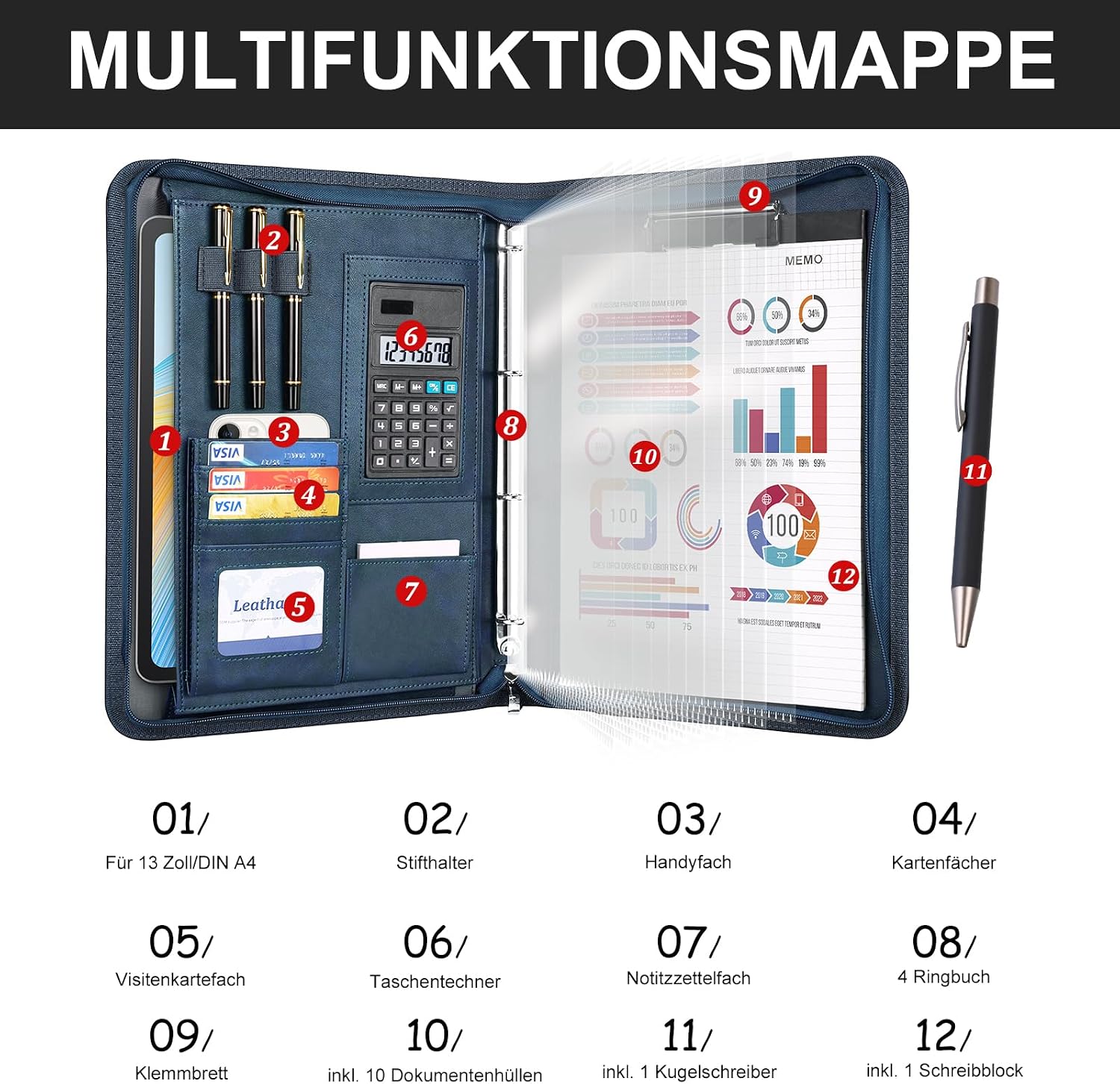 Detalle 2 de Leathario A4 Konferenzmappe – Schreibmappe mit 4‑Ring, Reißverschluss und umfassendem Organisationssystem