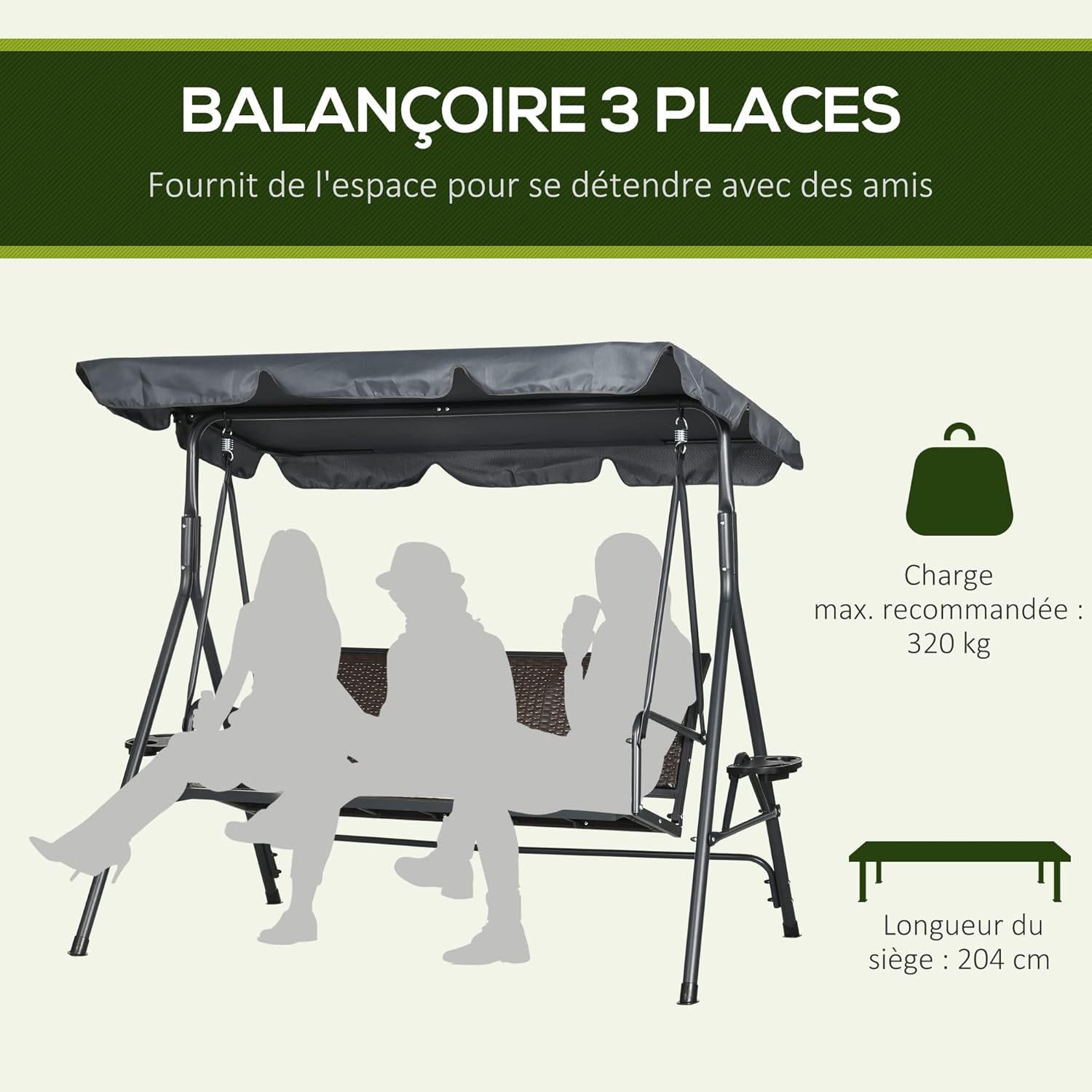 Detalle 1 de Outsunny Balancelle 3 Places Toit Inclinaison