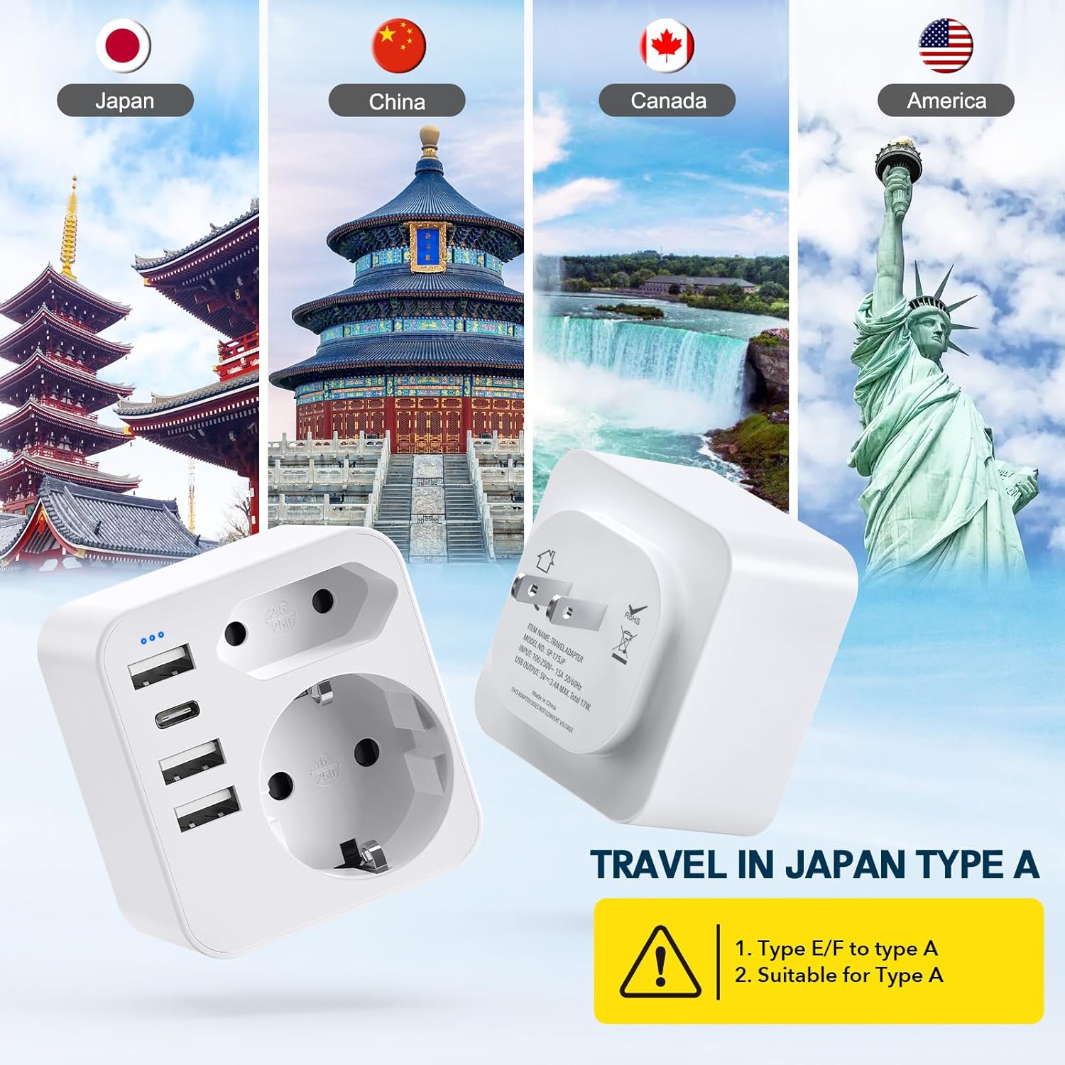 Detalle de Reiseadapter Japan 6-in-1: 2 Schuko, Typ C und 3 USB – kompakt, sicher und vielseitig