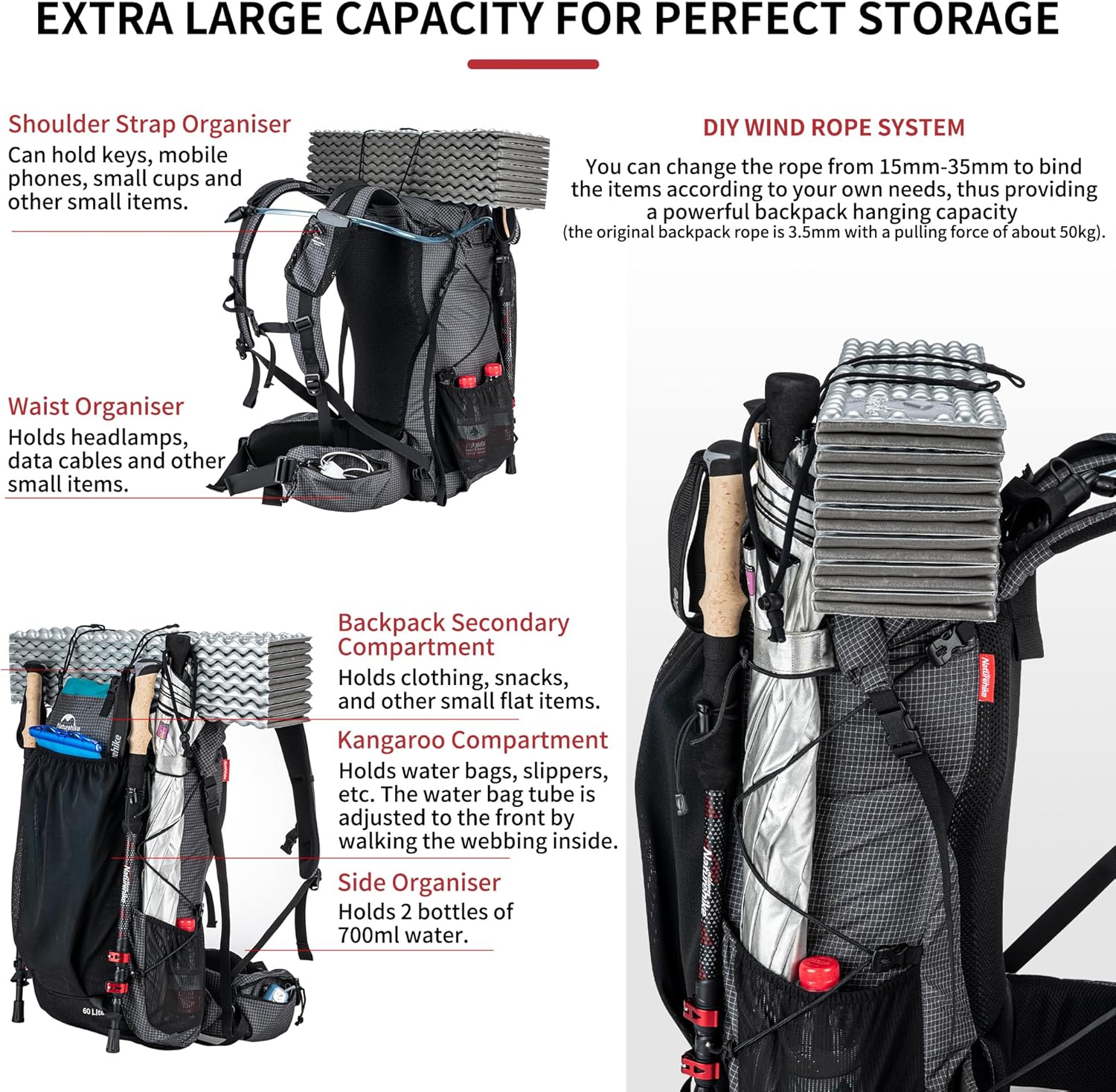 Thumbnail 3 de Naturehike Rocher sac à dos randonnée à châssis interne 20/45/65 L