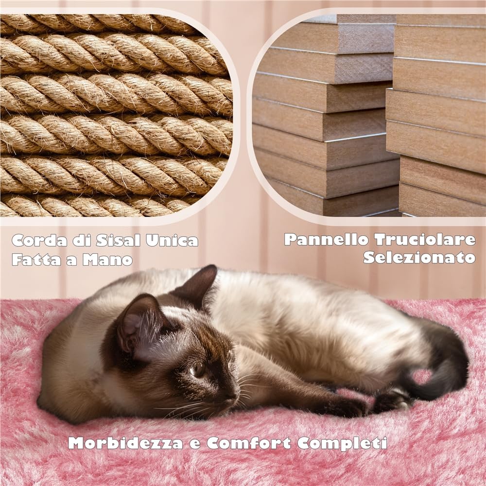 Detalle de Yaheetech Albero tiragraffi per gatti da 137 cm con 2 casette e 2 palline in peluche (sisal naturale) rosa
