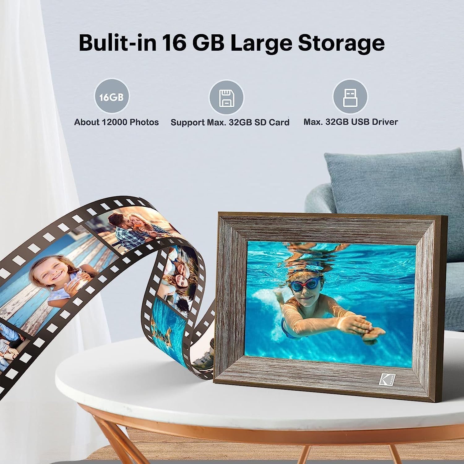 Detalle de KODAK Cadre Photo Numérique WiFi 10'' — Cadre Photo Bois avec Écran Tactile IPS, 32 Go, Partage via App