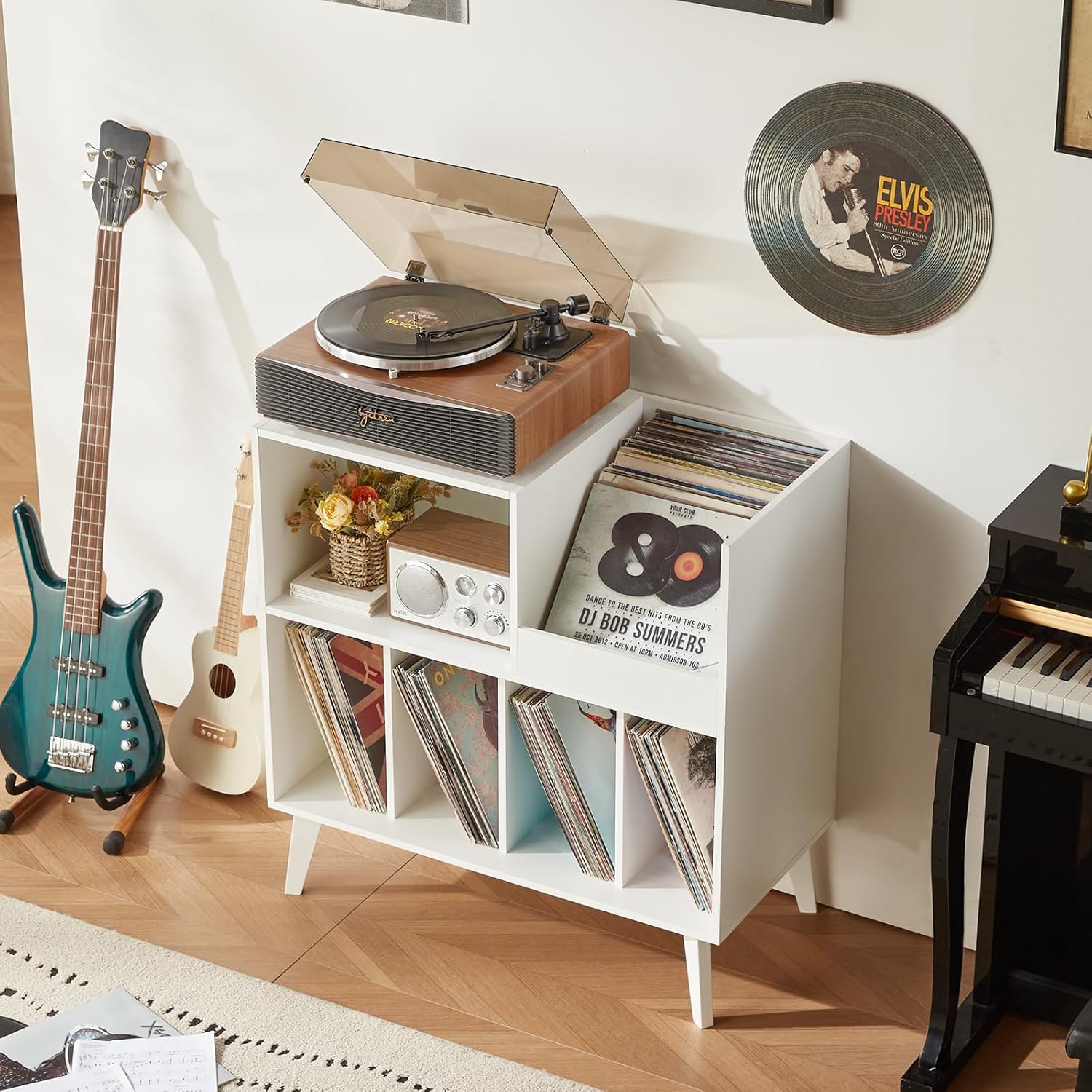 Thumbnail 4 de LELELINKY Large Vinyl Record Stand with 4 Shelves — Retro Wooden Turntable Stand for Up to 300 Albums