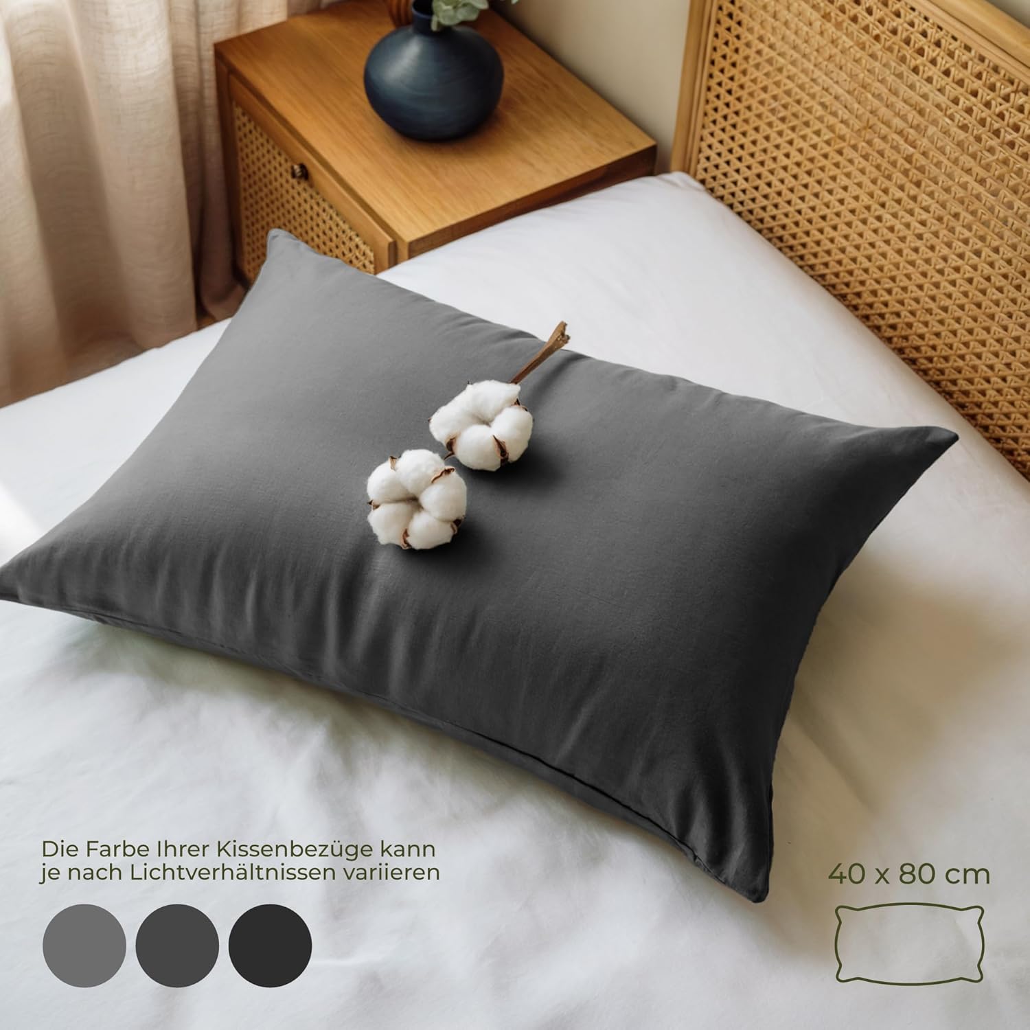 Thumbnail 2 de Dreamzie Kissenbezug 40x80 cm aus 100% Bio-Baumwolle, 2er Set – Anthrazit