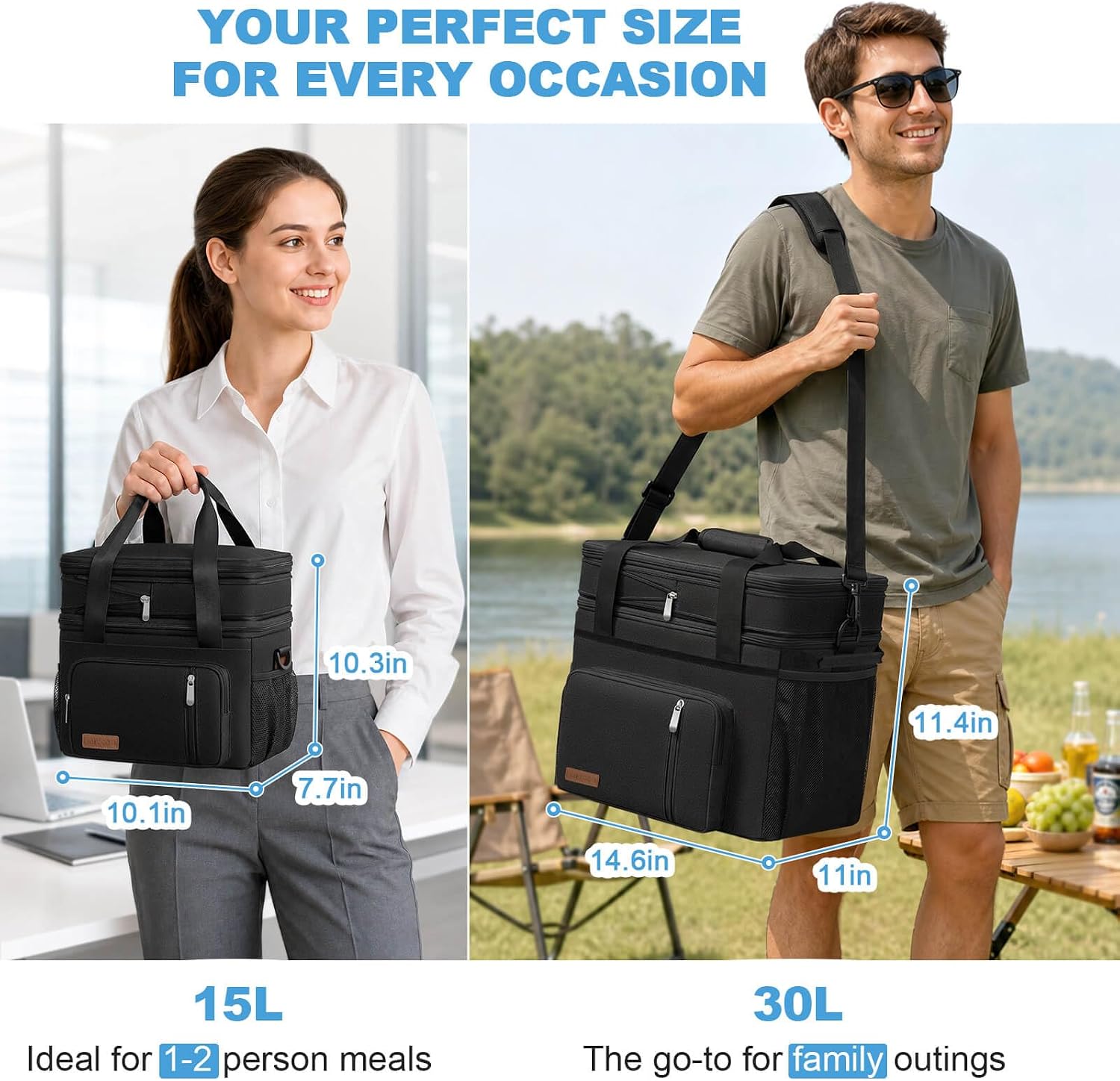 Thumbnail 1 de MIYCOO Double-Deck Leakproof Insulated Lunch Bag & Lunch Box (15L) – Black