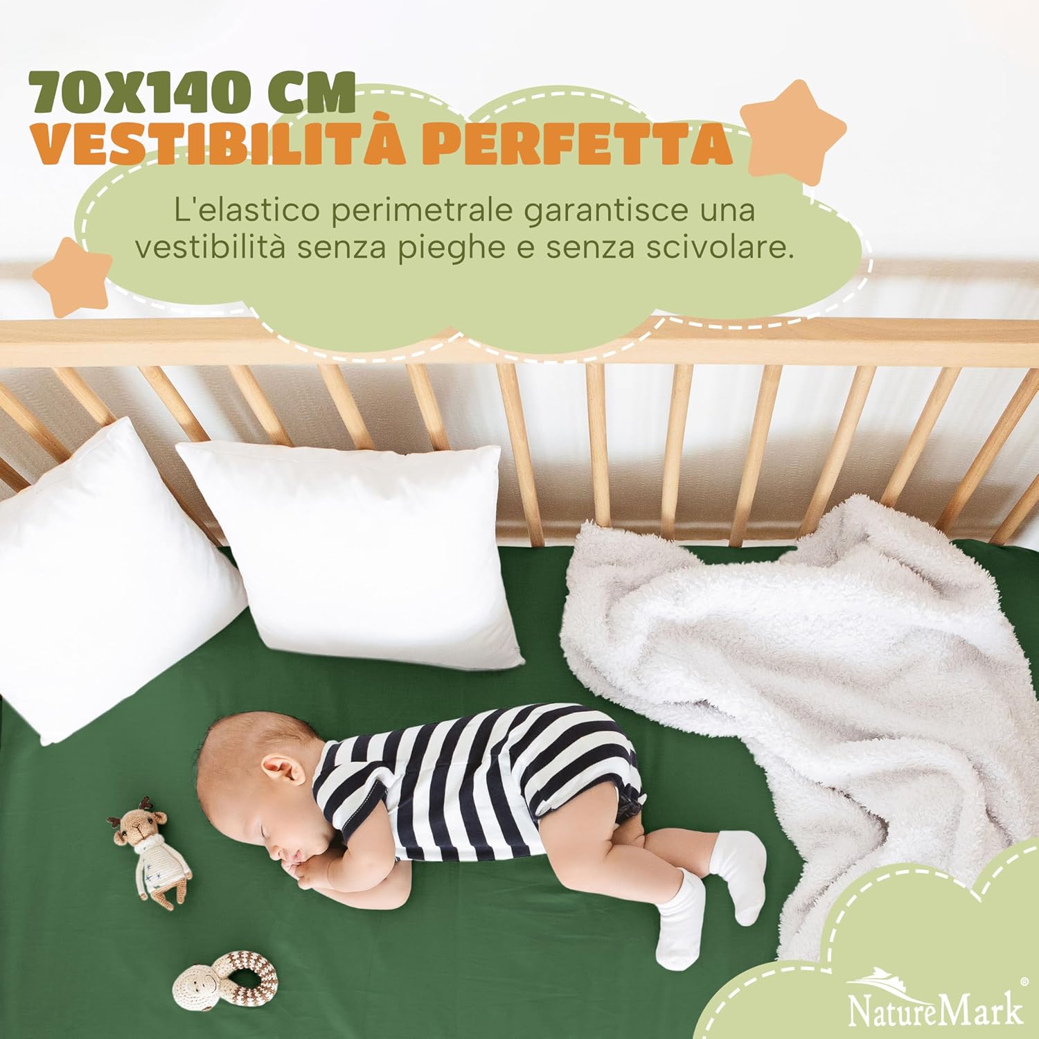 Detalle de NatureMark Lenzuolo con angoli elasticizzati 70x140 cm – set da 2 in jersey di cotone 100% verde scuro