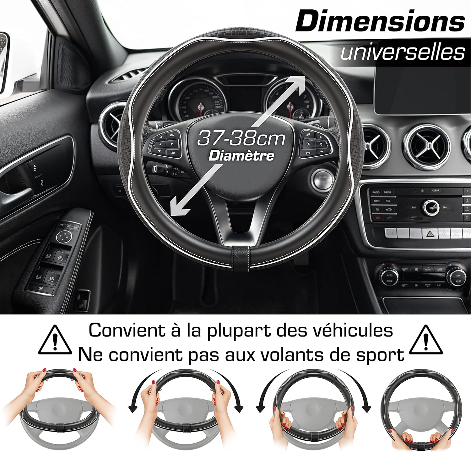 Thumbnail 2 de Upgrade4cars Couvre Volant Universel 37-38 cm – Simili Cuir Noir/Blanc, Antidérapant