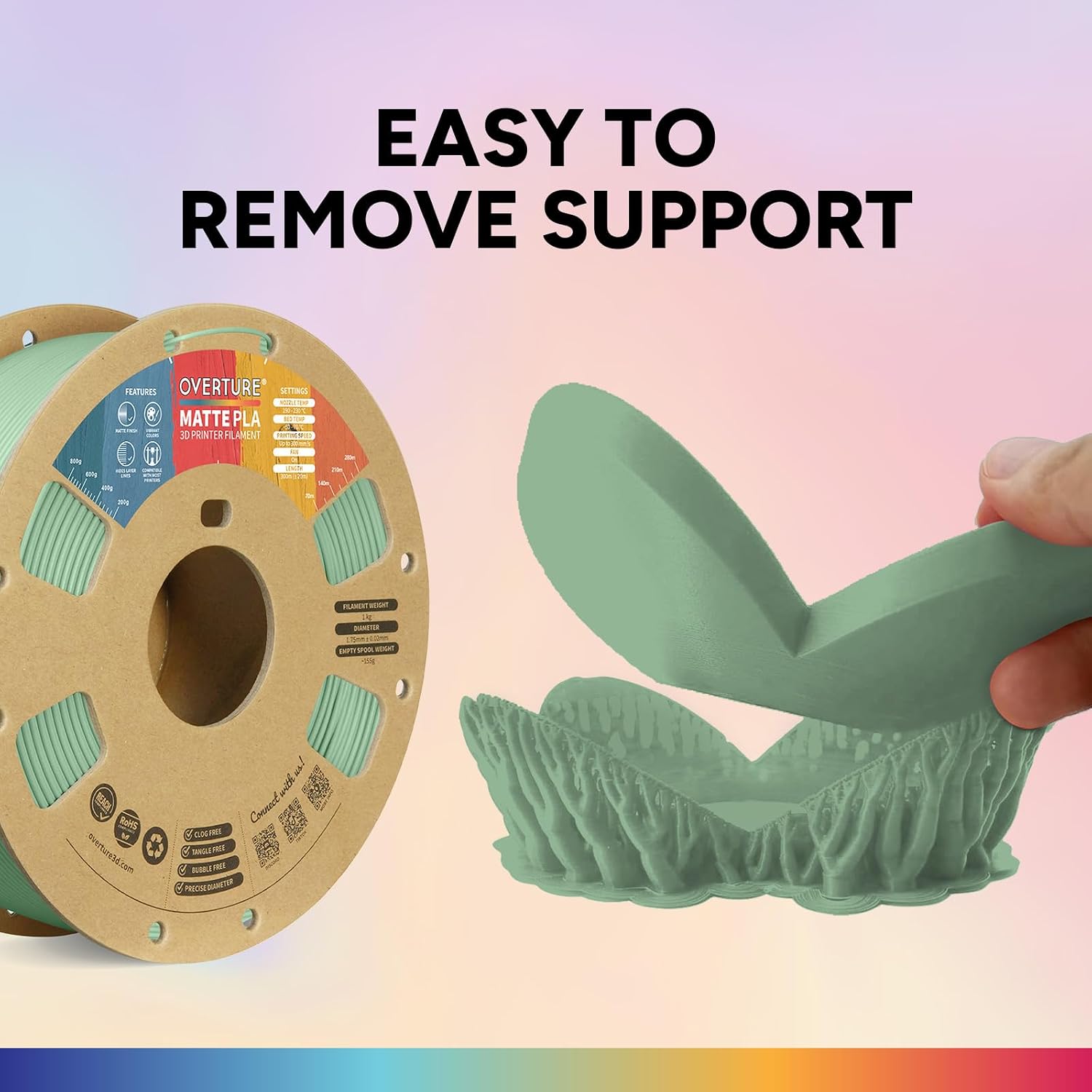 Thumbnail 5 de OVERTURE Mattes PLA-Filament 1,75 mm – 1 kg Spule, Hellgrün, matte Oberfläche