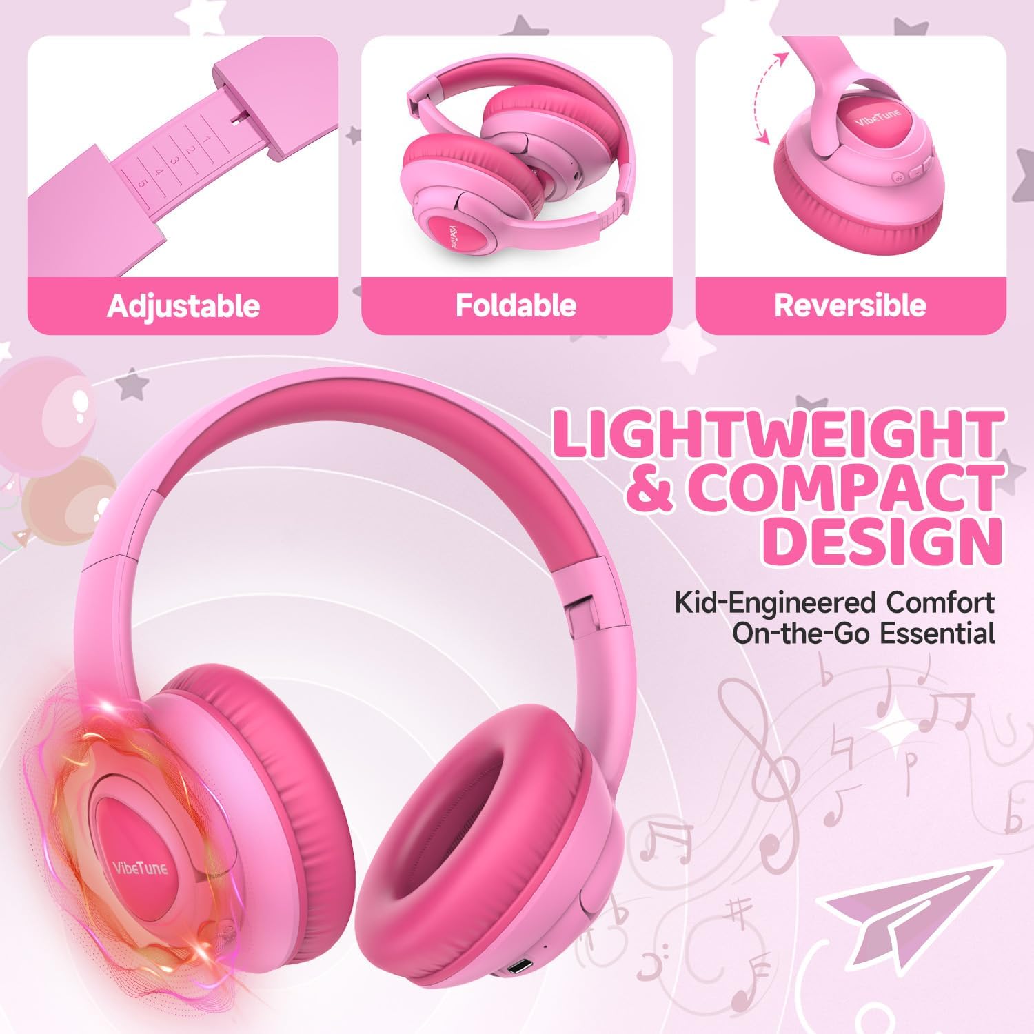 Thumbnail 3 de VibeTune Kids Bluetooth Headphones (Pink) with up to 60H playtime, volume limited 85/94dB and Bluetooth 5.4