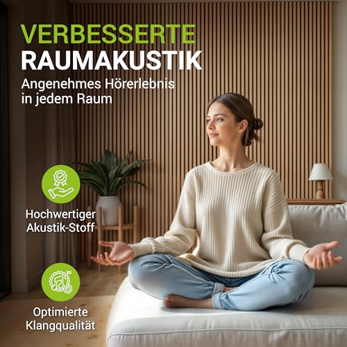 Detalle de Juskys Akustikpaneele 4er Set 120x60 cm Eiche Natur Dunkel – Wandpaneele mit schallabsorbierendem Stoff