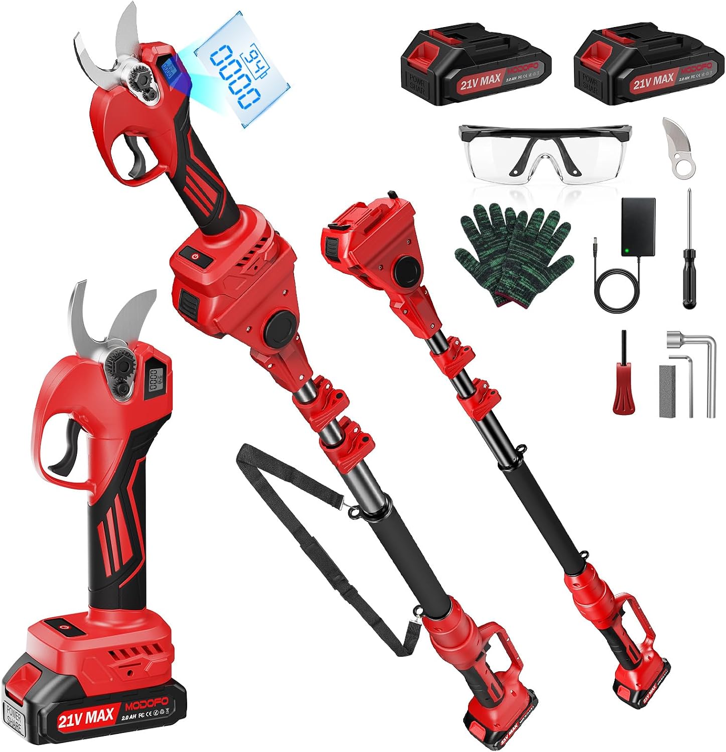 MODOFO Cordless Electric Pruning Shears with Pole, 2.1-Inch Capacity, Brushless Motor