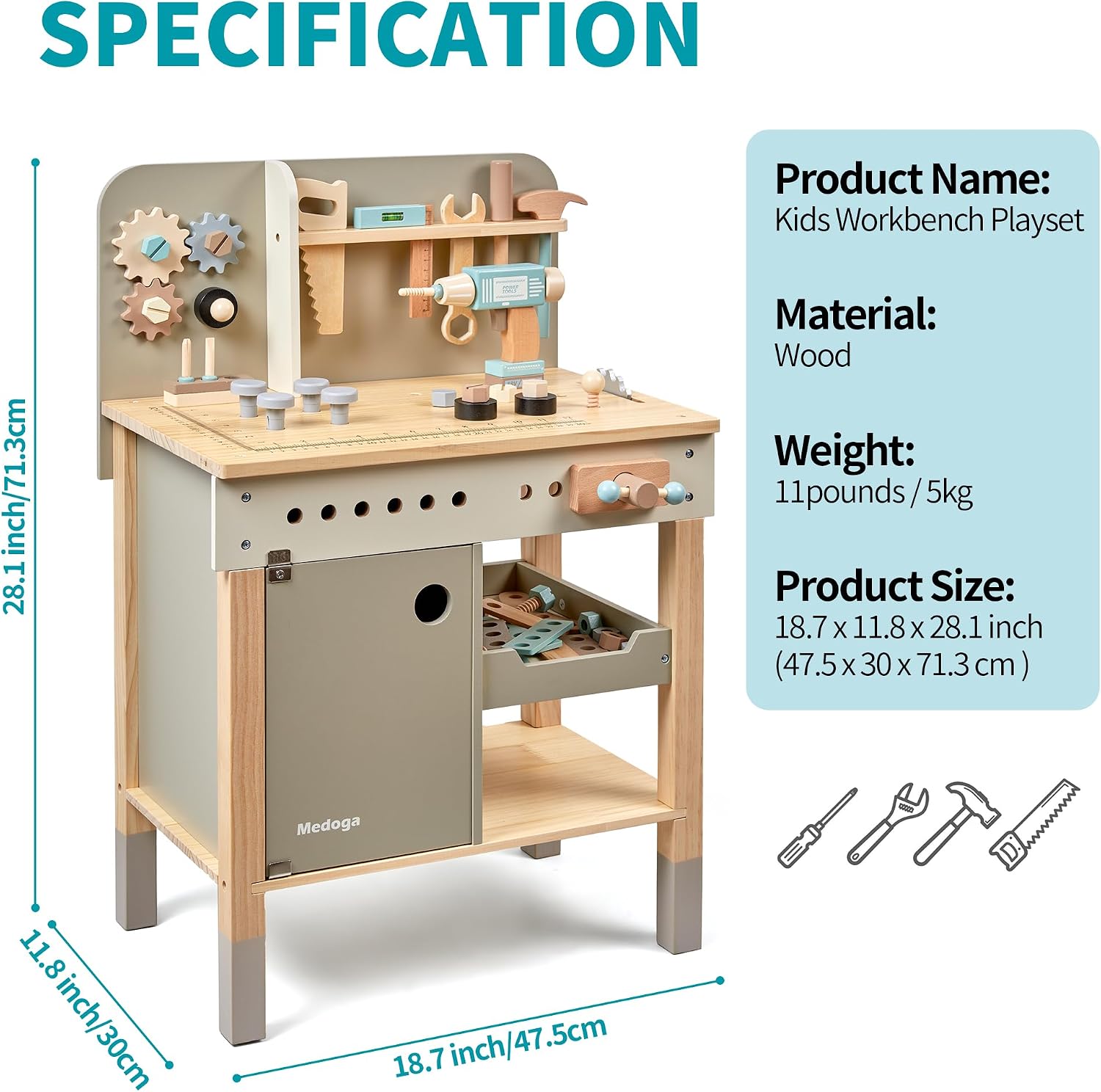 Detalle de Kinder Werkzeug Bank aus Holz – Set mit Gürtel und realistischen Spielwerkzeugen