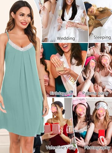 Detalle de Lovasy Camisón de Mujer Verano en Encaje con Tirantes Ajustables – Verde Claro, XL