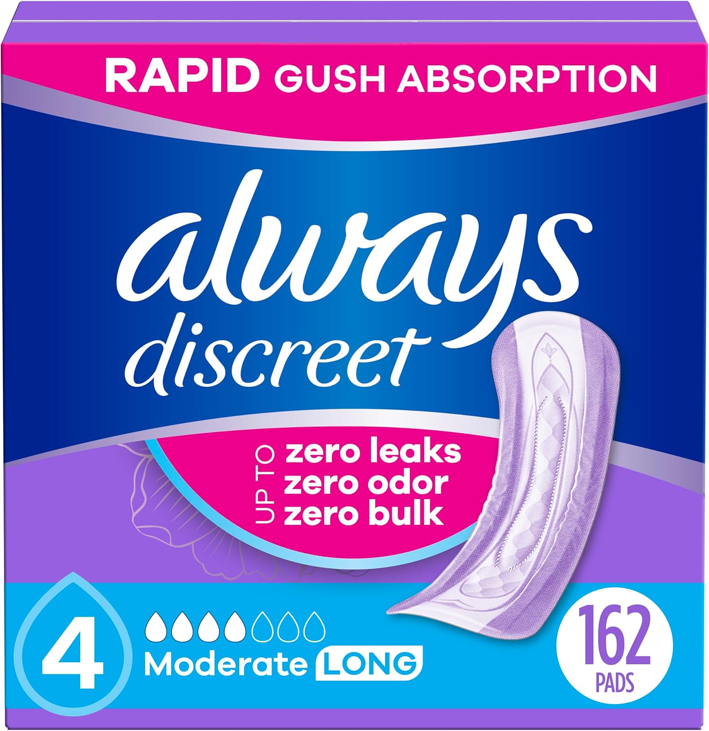 Detalle de Always Discreet Moderate Absorbency Long Pads 162 count 🩲