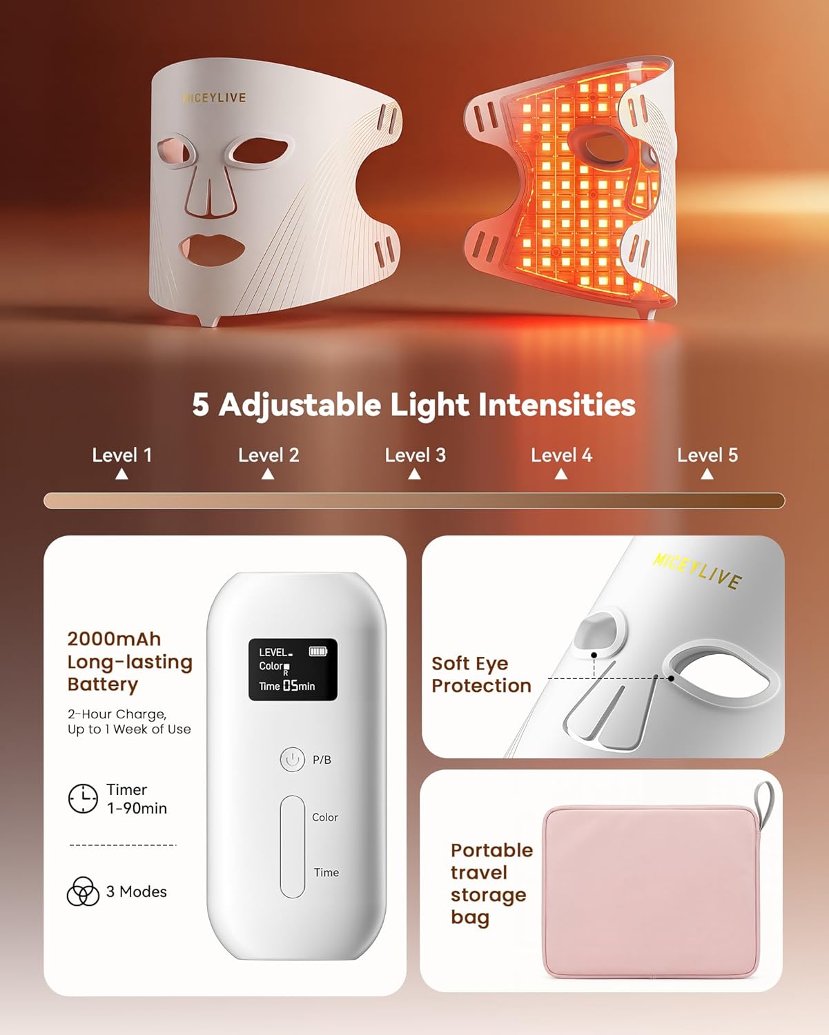 Detalle 2 de MICEYLIVE E106A Red Light Therapy Mask, Silicone, 3 Light Modes