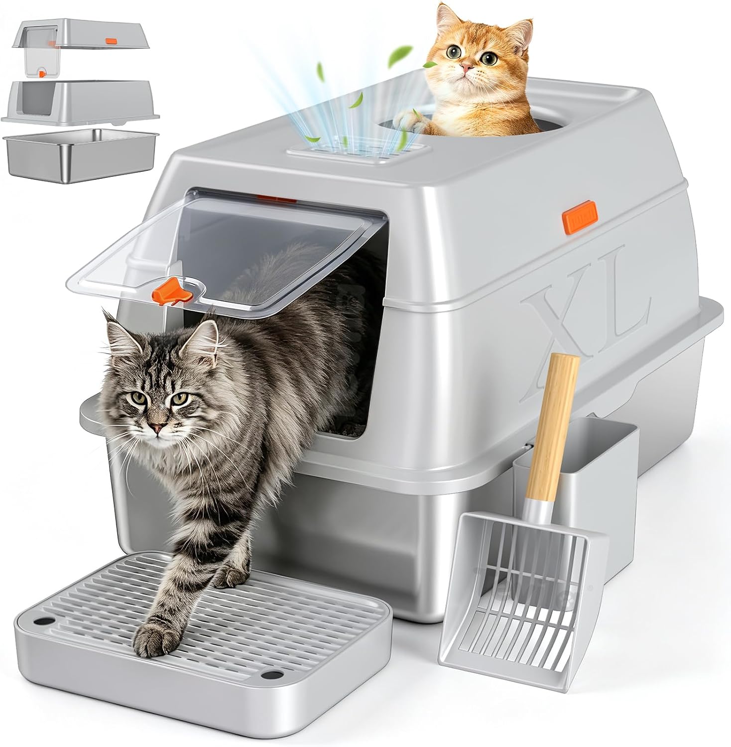 Detalle de Tevila Light Grey-1Pack XL Enclosed Stainless Steel Cat Litter Box