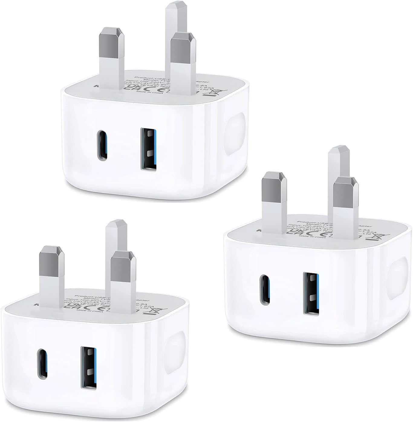 Detalle de USB C Fast Charge Plug (3 Pack) – Dual USB A & USB-C UK Wall Chargers