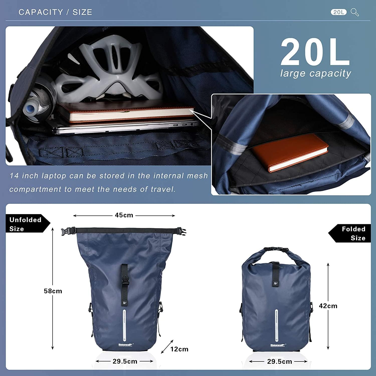 Thumbnail 1 de Rhinowalk 18L Waterproof Bike Pannier Bag with Laptop Compartment – Blue