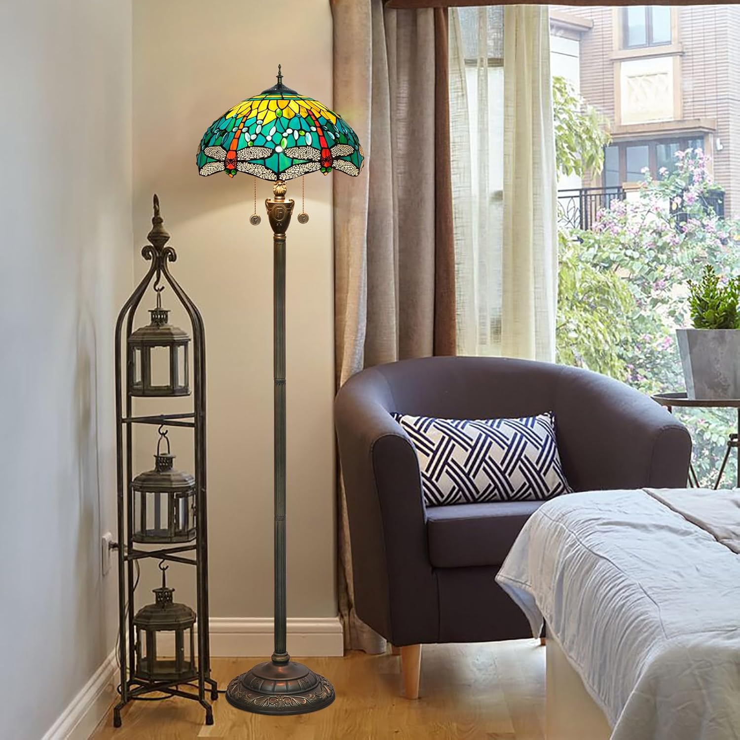 Thumbnail 1 de Blivuself Tiffany-style dragonfly floor lamp with stained glass shade and pull chain