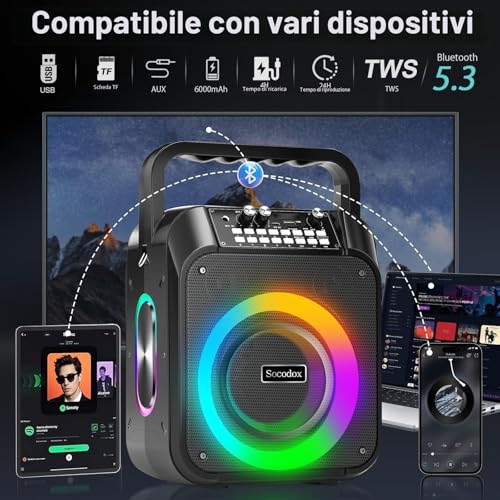 Detalle de Macchina Karaoke socodox: Sistema PA portatile con 2 microfoni wireless, Bluetooth 5.3 e luce RGB