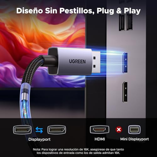 Thumbnail 6 de UGREEN Cable DisplayPort 2.1 2M: alto rendimiento para 16K/8K y 4K con carcasa de aluminio