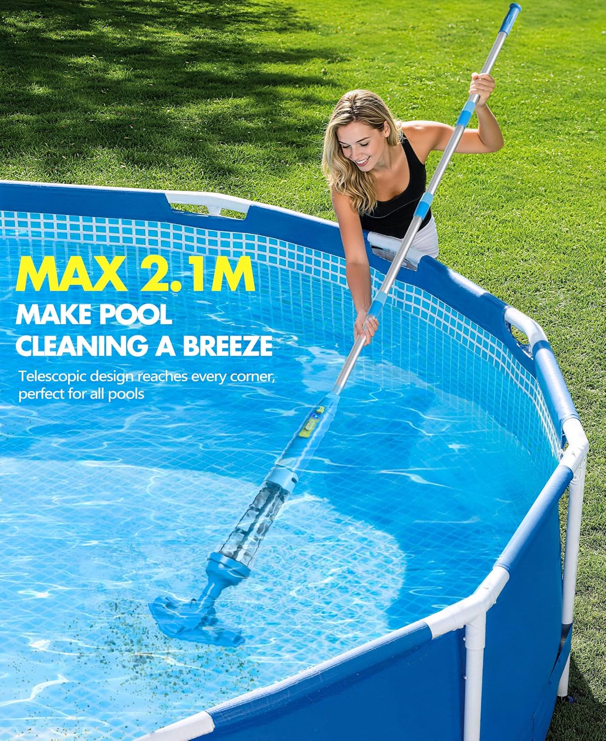 Detalle de LanBlu Poolsauger Akku mit Teleskopstange – 60 L/Min, 5200 mAh, 90 Min Laufzeit