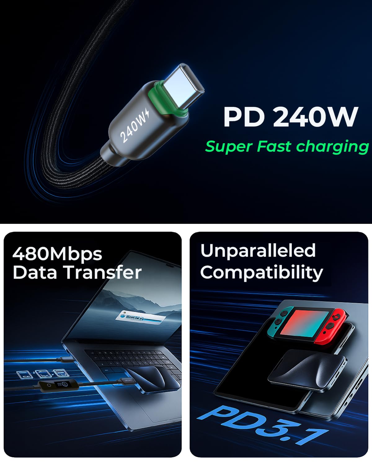 Thumbnail 6 de LITO 240W USB-C to USB-C Cable with TFT Touch Screen: Power Monitor, PD 3.1, and Braided Durability