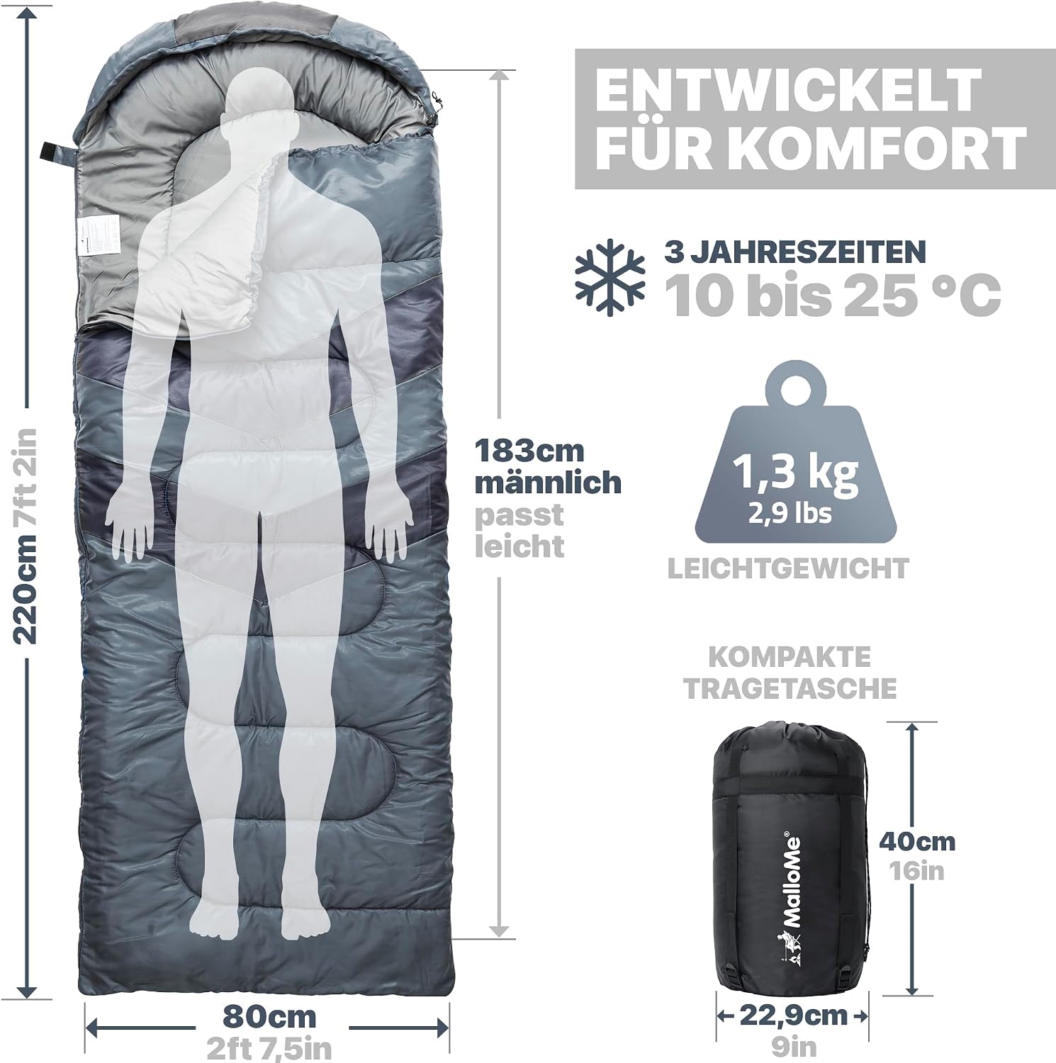 Detalle 2 de MalloMe Schlafsack Outdoor für Erwachsene und Kinder – Winterschlafsack leicht & wasserabweisend
