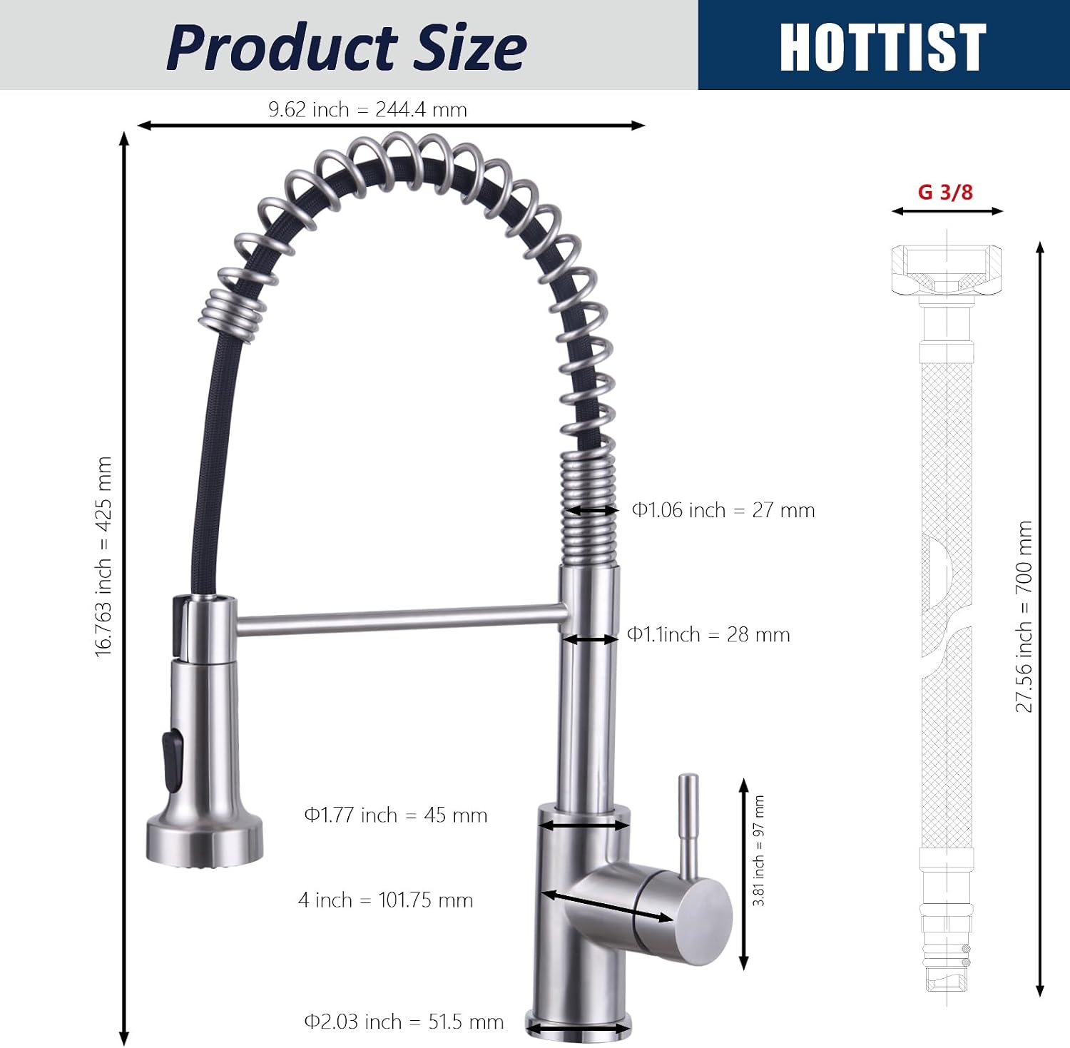 Detalle de HOTTIST Wasserhahn Küche mit Brause, 2 Modi und 360° Drehfunktion aus Edelstahl 304