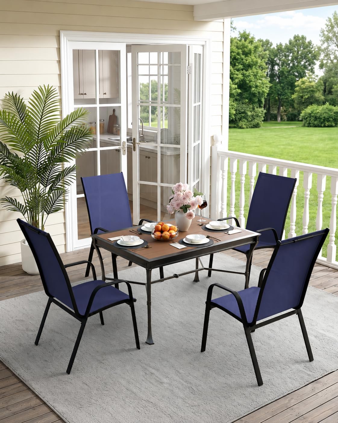 Thumbnail 6 de Outvelar Set of 4 Patio Dining Chairs, Navy Blue Textilene, Stackable, 20-Inch-Wide Seat