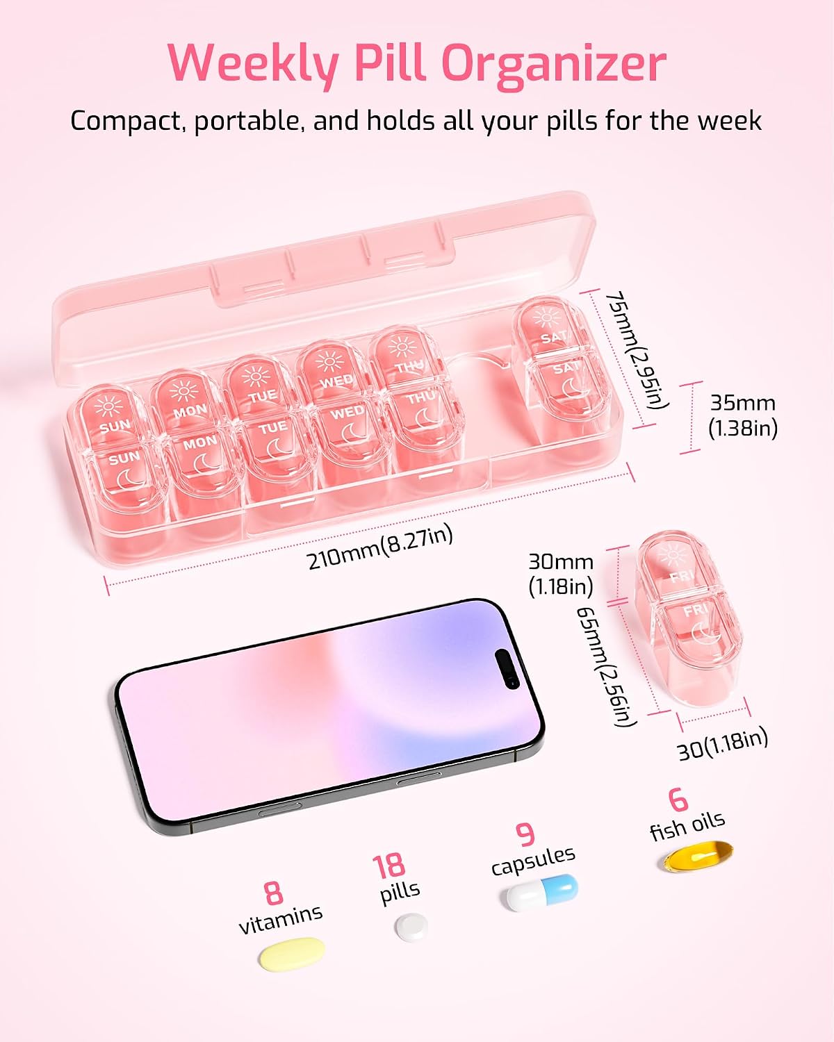 Detalle de Daviky A-2741 Weekly Pill Organizer, Pink AM/PM Travel Box