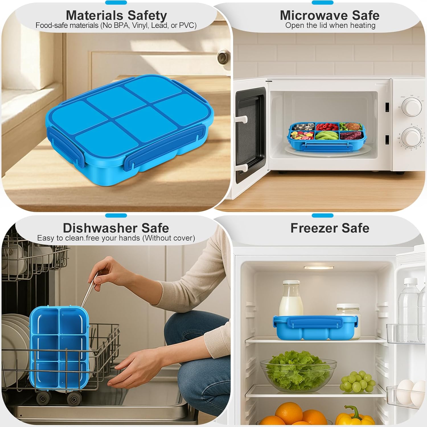 Thumbnail 4 de Amathley Kids & Adults Bento Lunch Box with 6 Compartments, Leakproof Design, Sauce Cup, Picks and Muffin Cups (Blue)