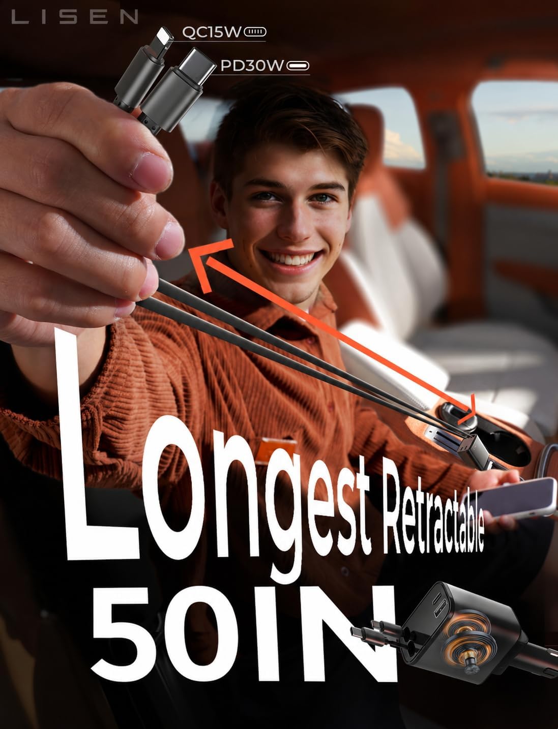 Thumbnail 1 de LISEN Retractable Car Charger: 50-Inch 4-in-1 USB-C Car Charger with 69W Power
