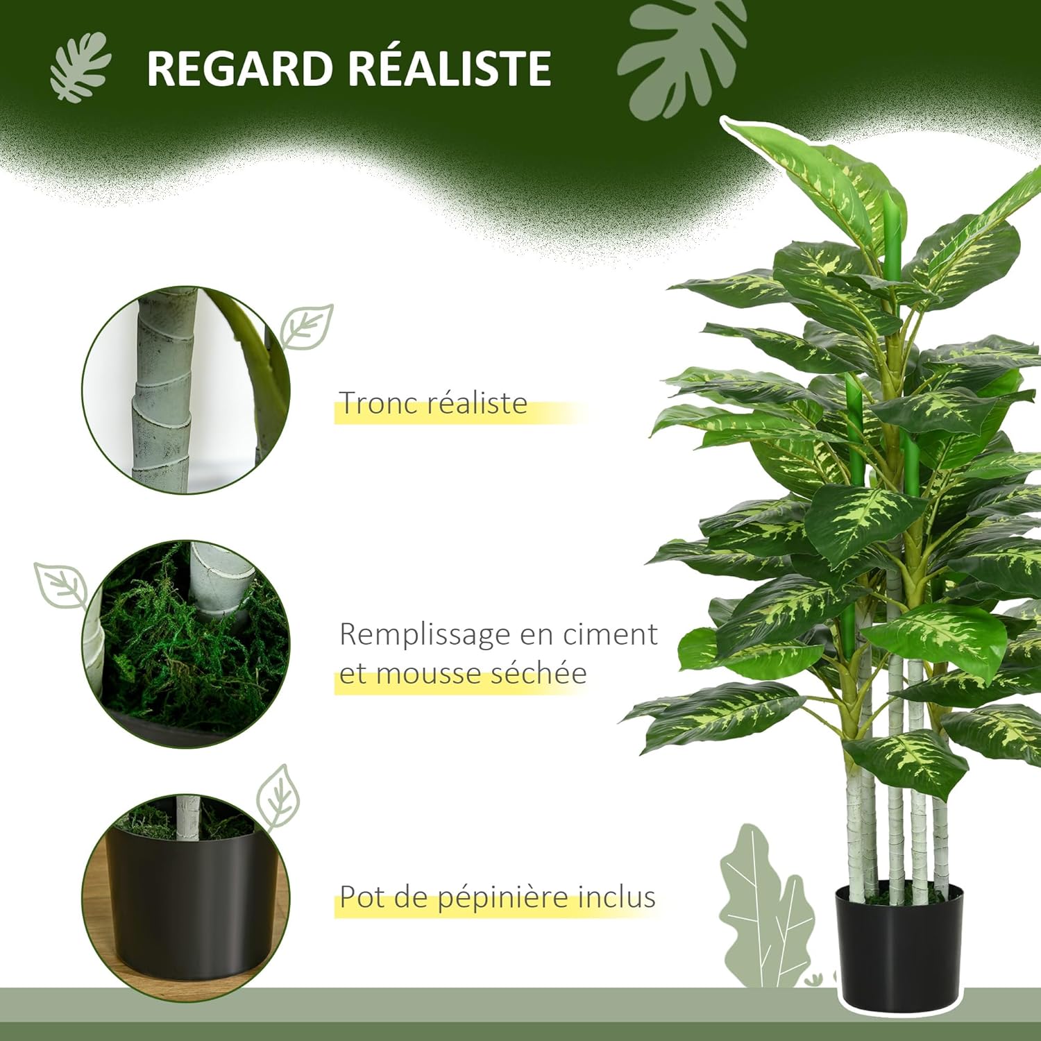 Thumbnail 3 de HOMCOM Calathea artificielle 120 cm pot ciment