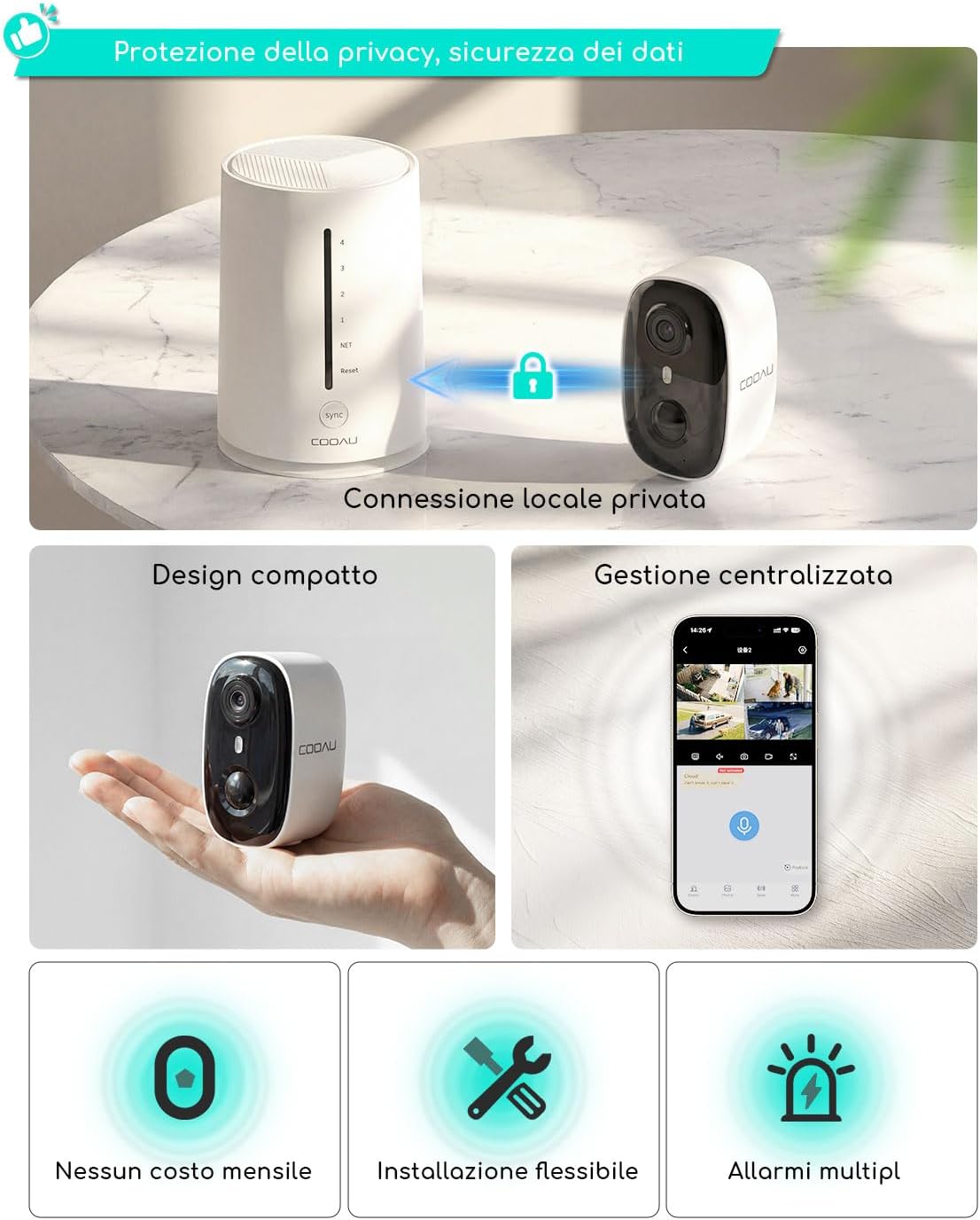 Detalle de COOAU 4MP Kit Telecamera Wi‑Fi esterna con pannello solare, 2 telecamere e scheda 64GB