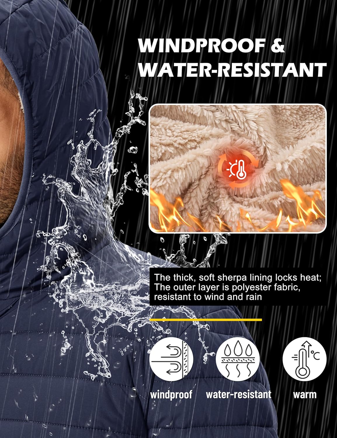 Detalle de TACVASEN Men's Sherpa-Lined Hooded Puffer Jacket, Windproof and Water-Resistant