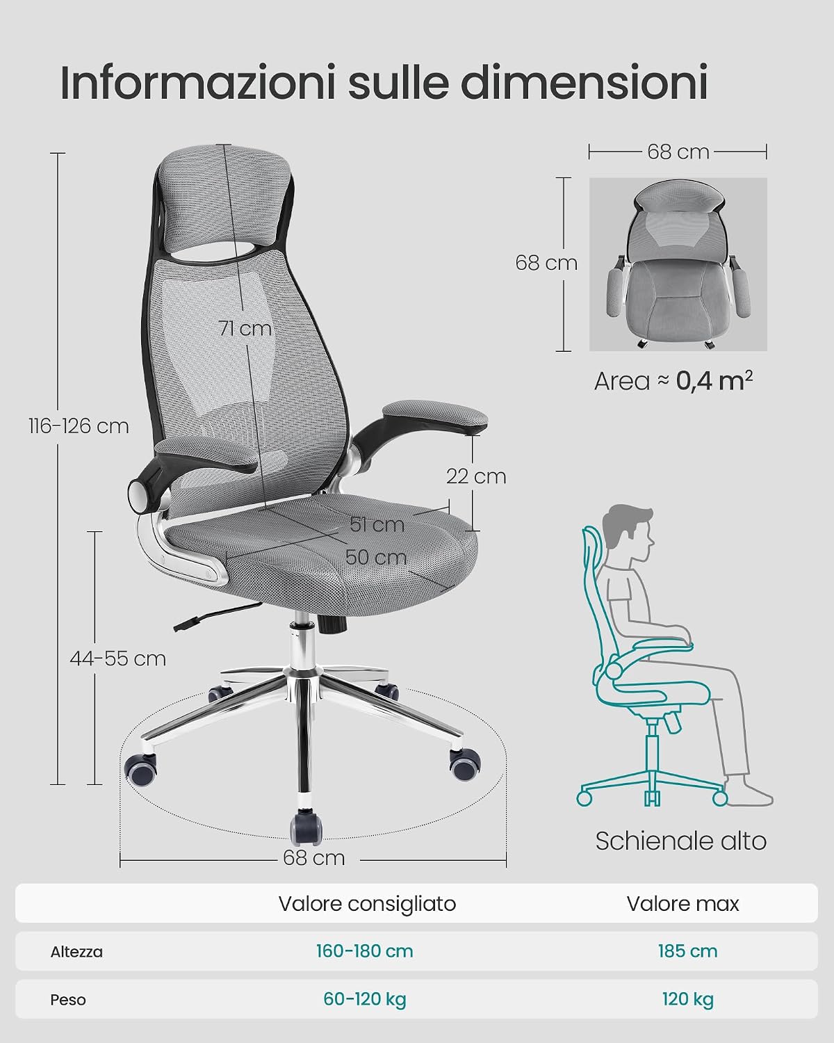 Detalle de SONGMICS Sedia da Ufficio OBN86G01 con braccioli ribaltabili, poggiatesta e supporto lombare