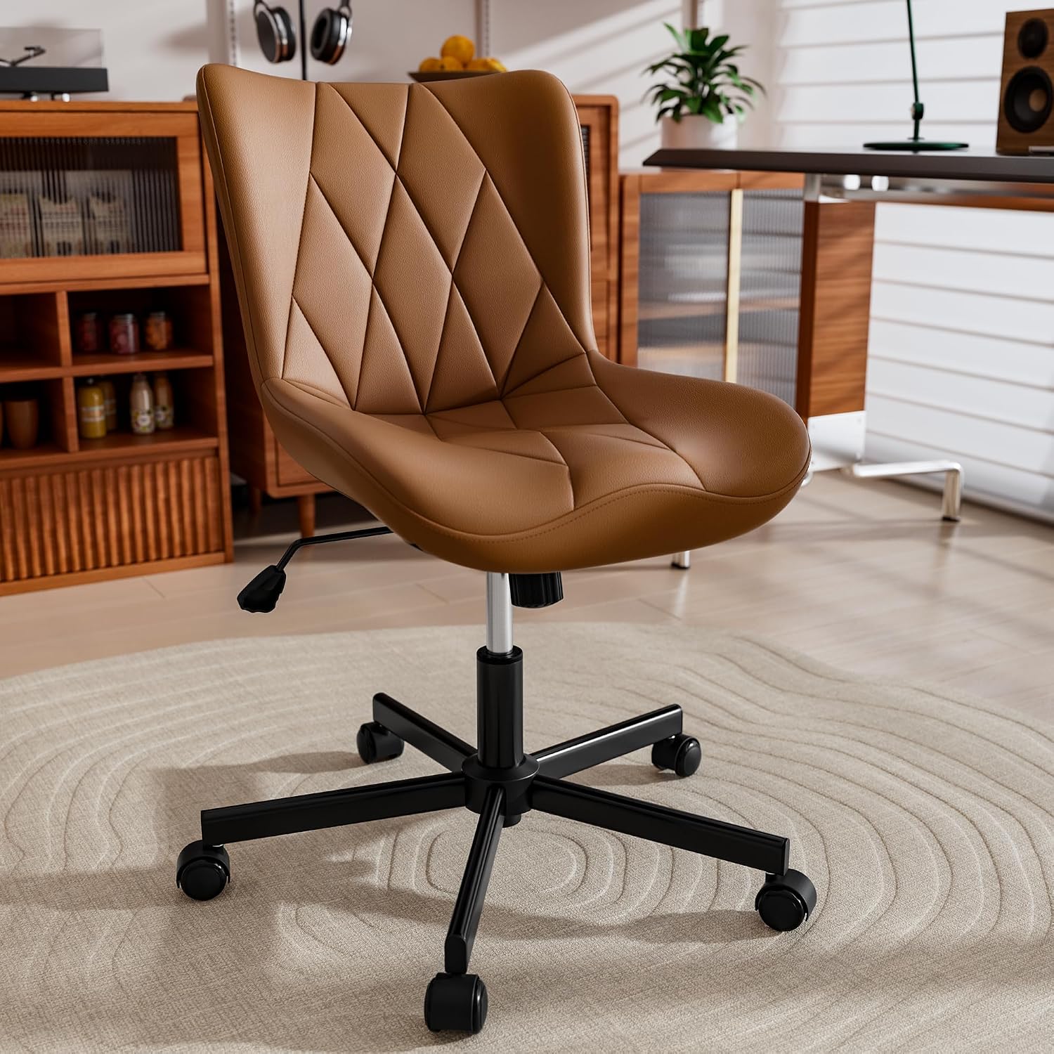 Armless Desk Chair, Brown Leather