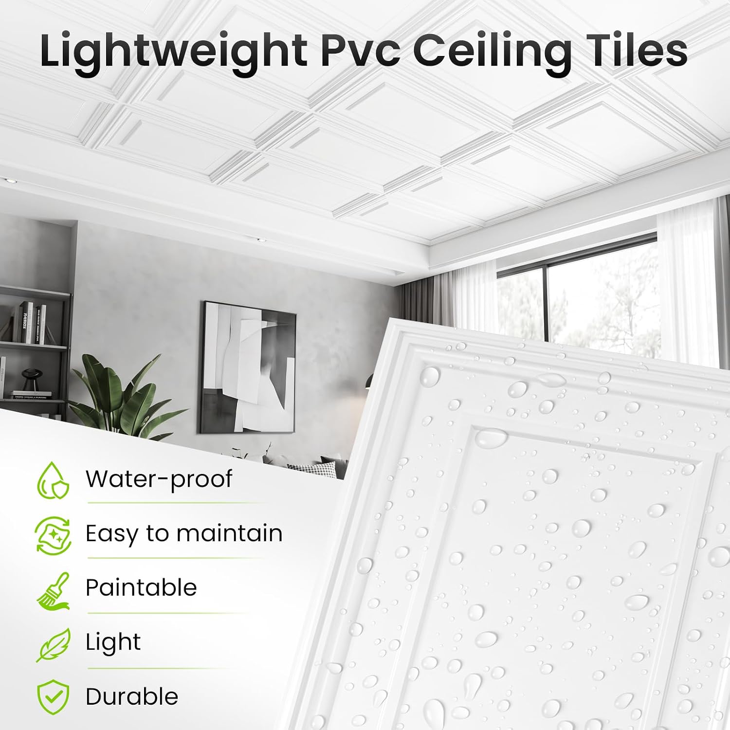Thumbnail 4 de LooYee 2 x 4 FT PVC Drop Ceiling Tiles, White Waterproof 24-Pack