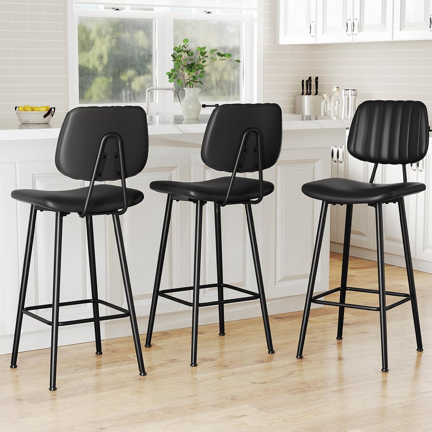 Raynesys 29-Inch Leather Bar Stools Set of 3 (Counter Height) with High Backrest