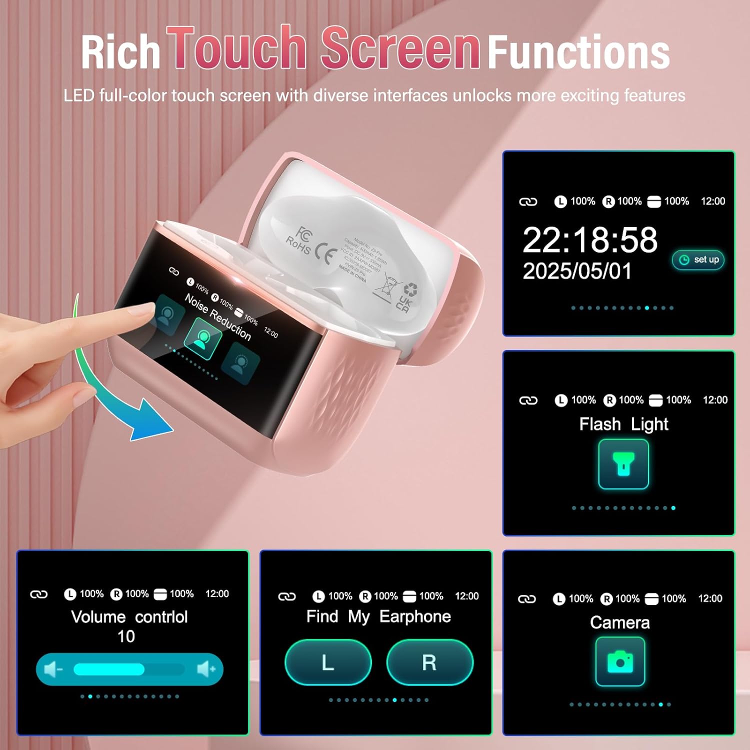 Thumbnail 3 de ZYHKON Z9 Pro Bluetooth In-Ear-Kopfhörer mit Touchscreen, ANC/ENC, Bluetooth 5.4 & IP7 (Rosa)