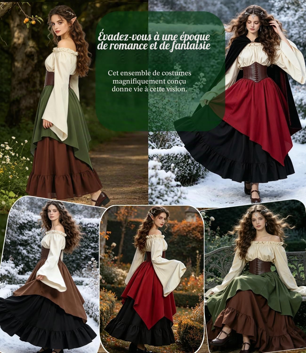 Thumbnail 4 de Kasahara middeleeuws dameskostuum met offshoulderjurk, corset en riemtas