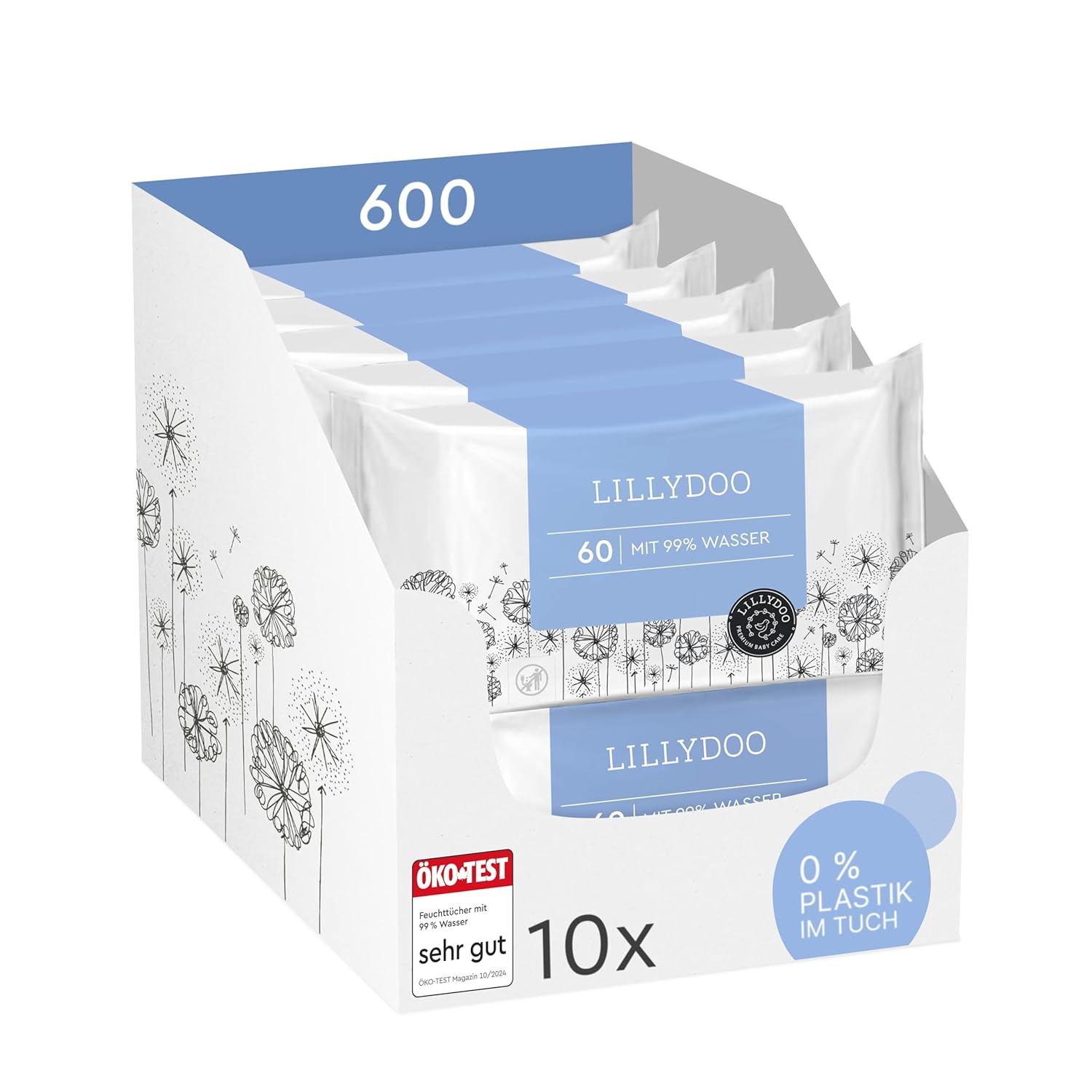 Detalle de LILLYDOO Feuchttücher 99% Wasser, 600 Stück – 100% plastikfrei, ohne Parfüm