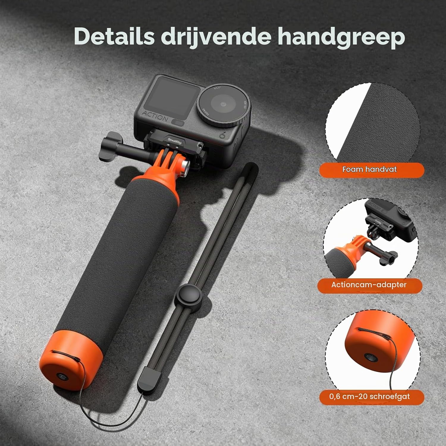 Detalle de SMALLRIG 6152 drijvende actiecamera-handgreep met polsband en oranje grip