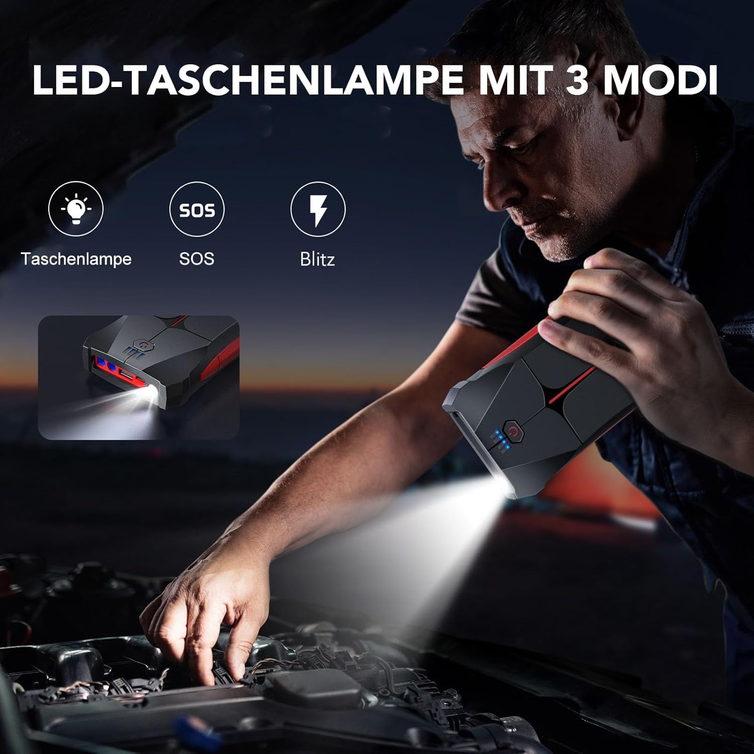 Thumbnail 3 de FLYLINKTECH Starthilfe Powerbank für Pkw 4000A, 12V Tragbare Auto Starthilfe（Bis zu 9L Benzin/8.5L Diesel, IP67 Wasserdicht Starter Powerbank mit Starthilfekabel, LED, USB-Ausgang und USB-C-Eingang
FLYLINKTECH Starthilfe Powerbank für Pkw 4000…