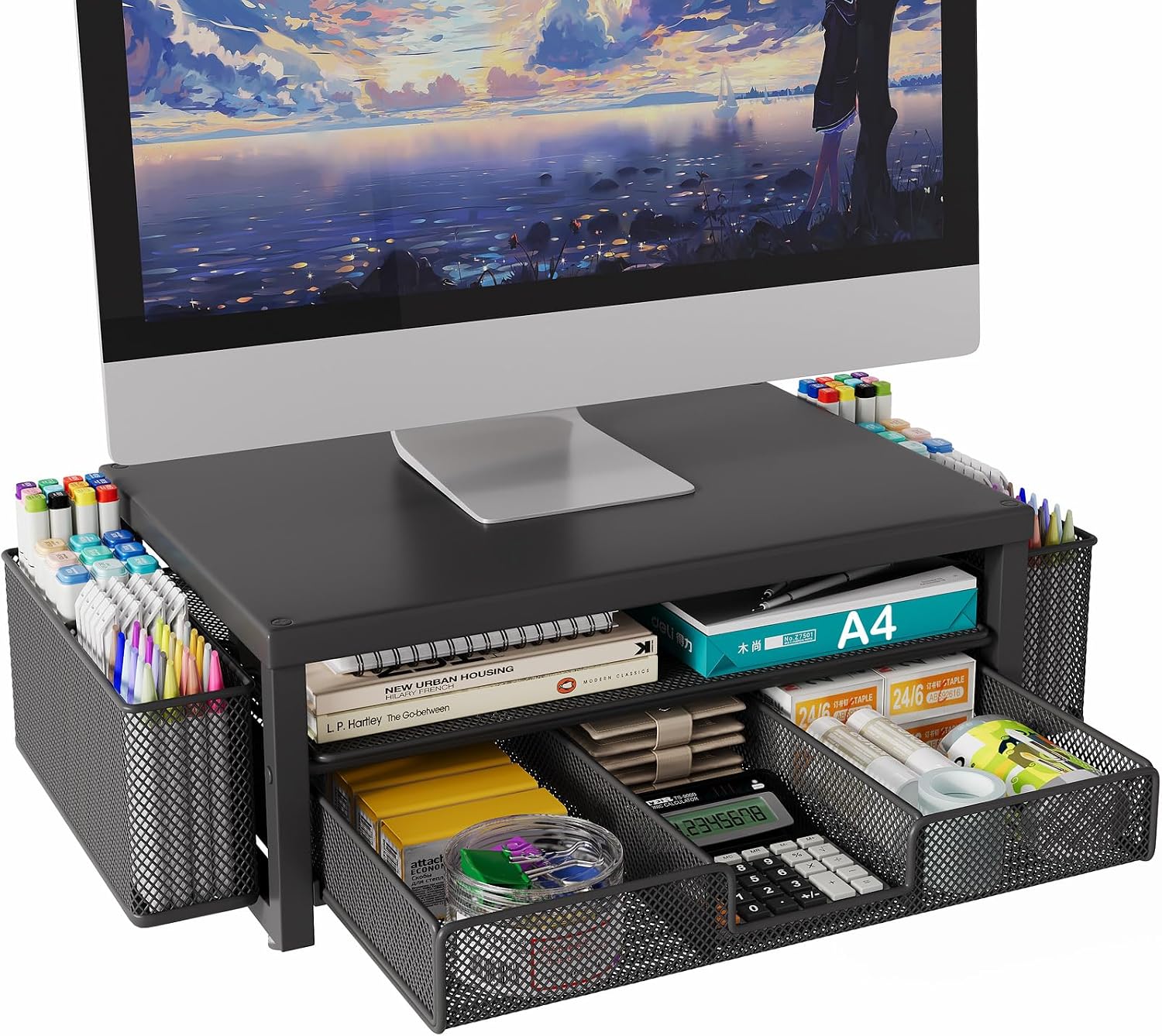 BOKIOVIN Metal Monitor Stand Riser with Drawer & 2 Pen Holders for Desk