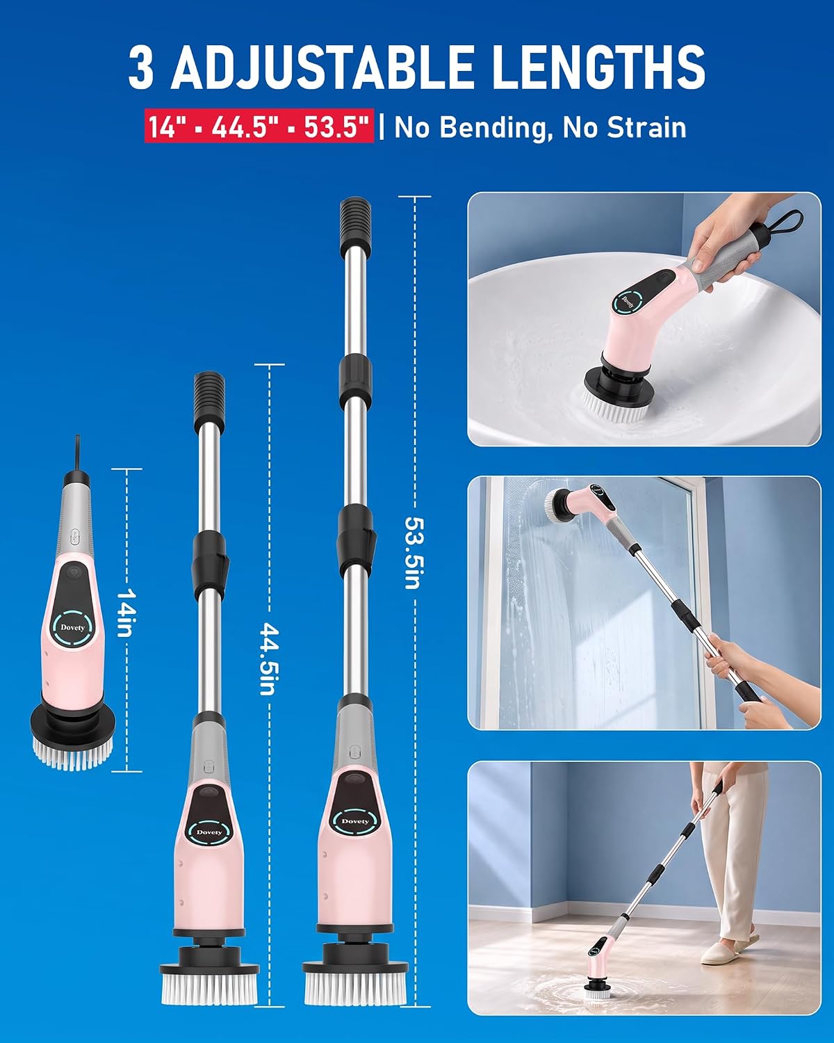 Detalle de Dovety CB02 Electric Spin Scrubber, Extendable Handle, 8 Brush Heads, Pink