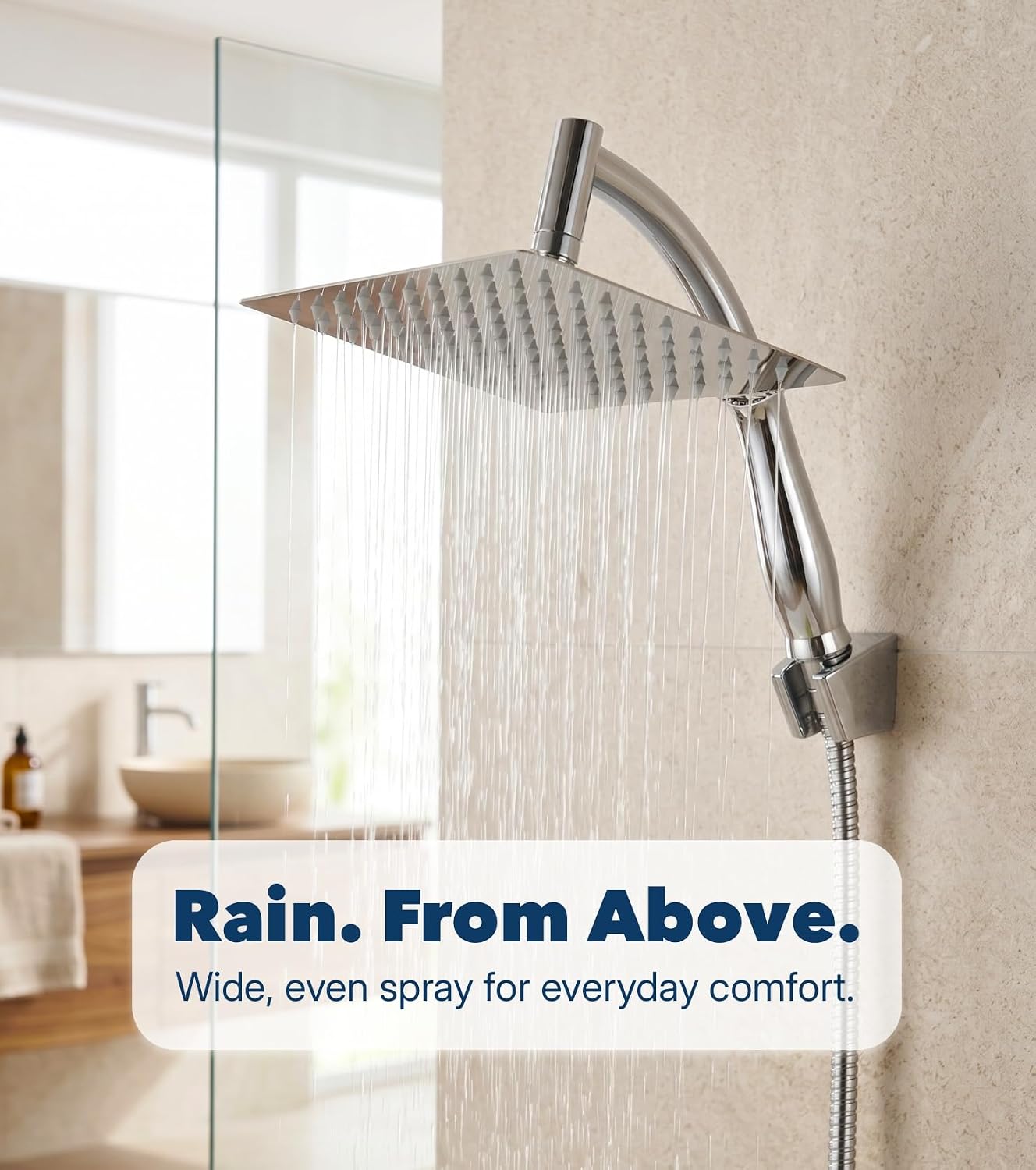 Detalle de SIEYESCITY Large Square Rainfall Shower Head with Handheld Arm (8 inch) – Universal G1/2 rain shower