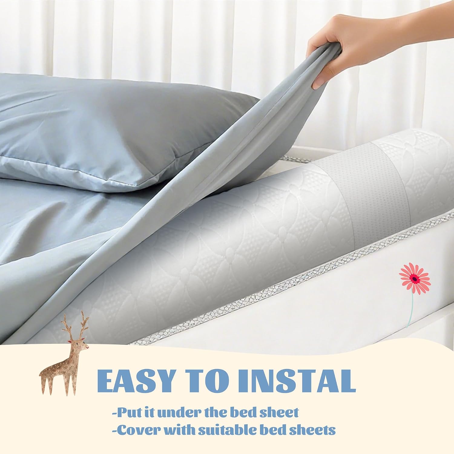Detalle 2 de Asatdd Toddler Bed Bumper with Adjustable Strap, Memory Foam and Washable Cover