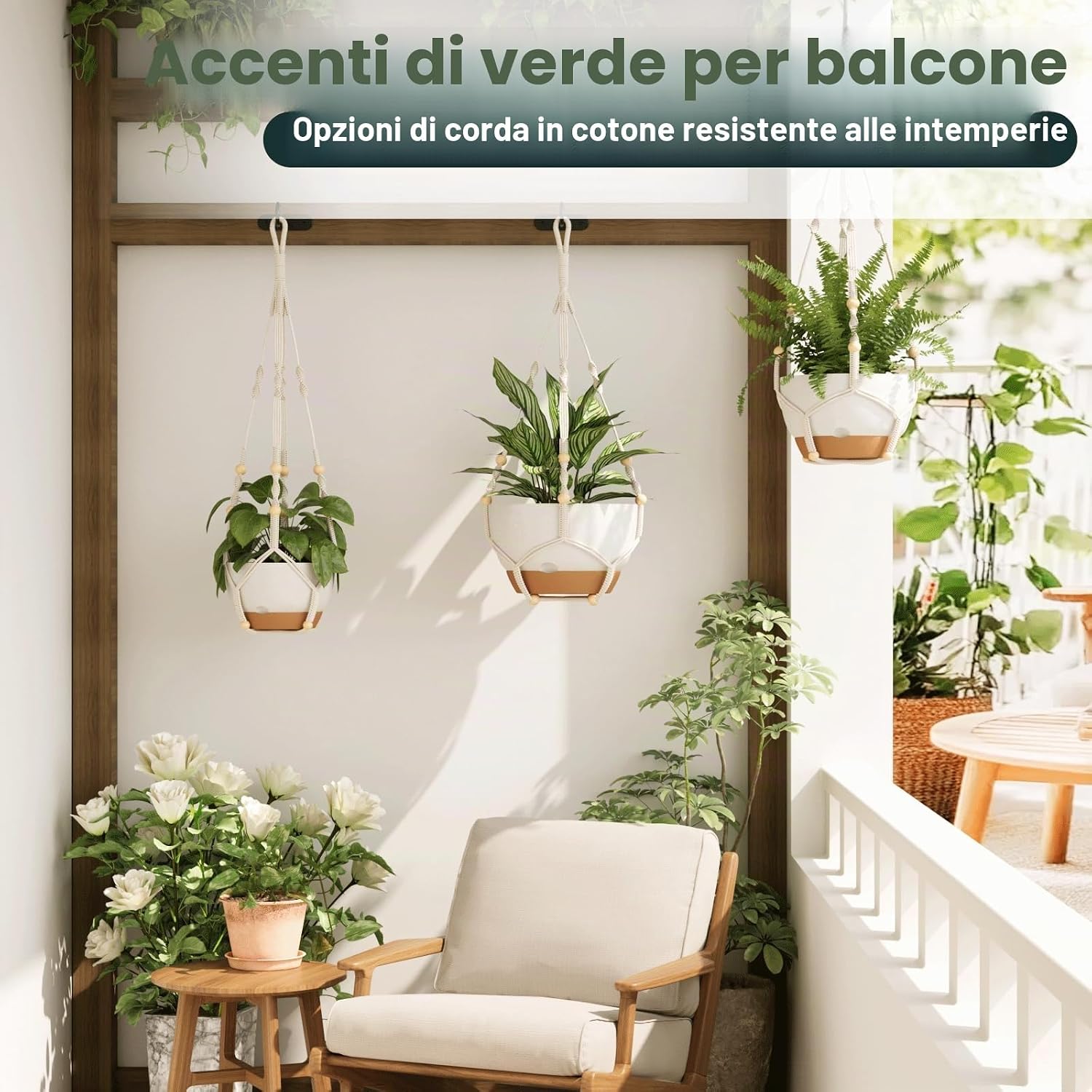Detalle 2 de Bamworld Vasi Appesi e Portavasi per Piante in Macramé Boho — Portapiante Sospeso con Corda di Cotone, 85 cm